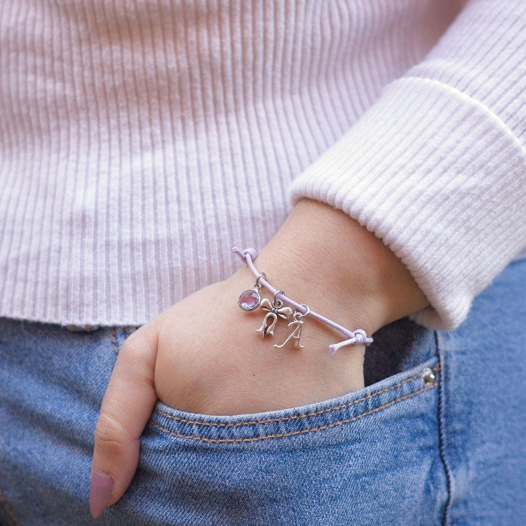 Bow cord bracelet, waxed corded adjustable, personalised gifts, coquette style accessory, birthstone letter charm, pretty girly jewellery