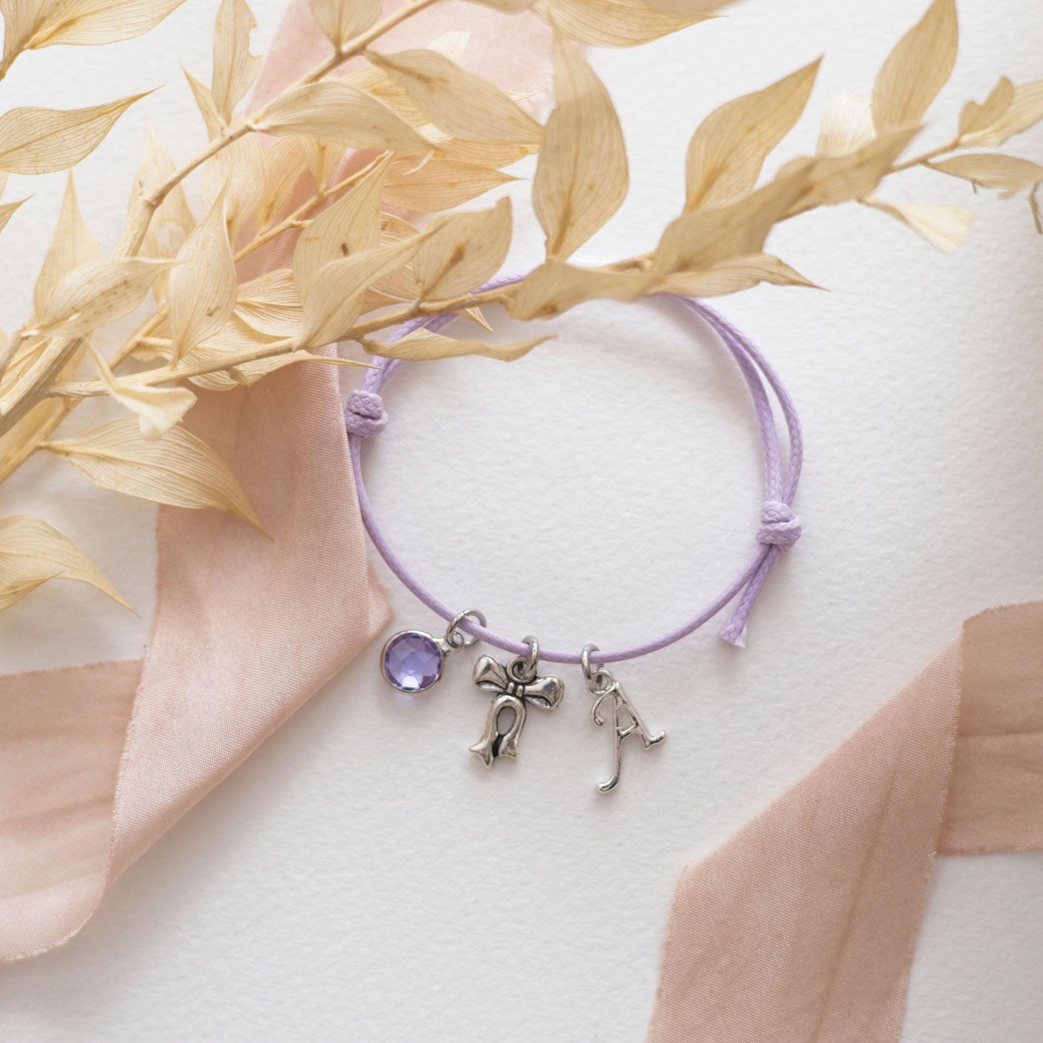 Bow cord bracelet, waxed corded adjustable, personalised gifts, coquette style accessory, birthstone letter charm, pretty girly jewellery