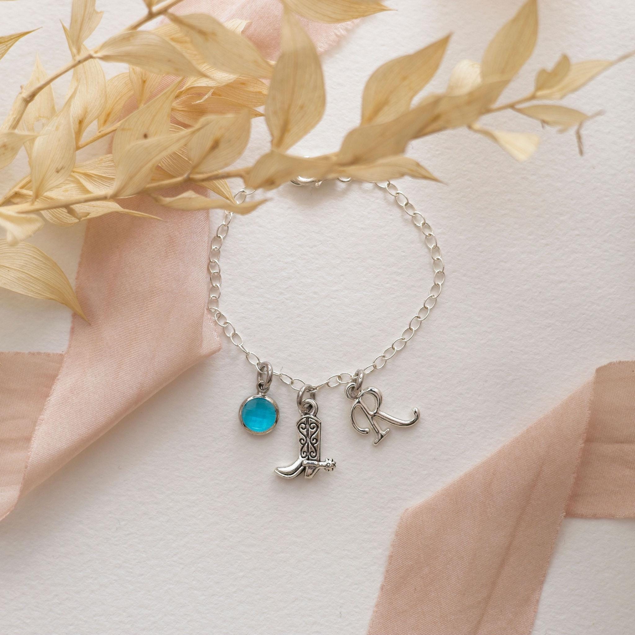 Cowboy boot bracelet, personalised gifts, western jewellery, cowgirl boot accessory, birthstone letter charm, wild west theme, country style