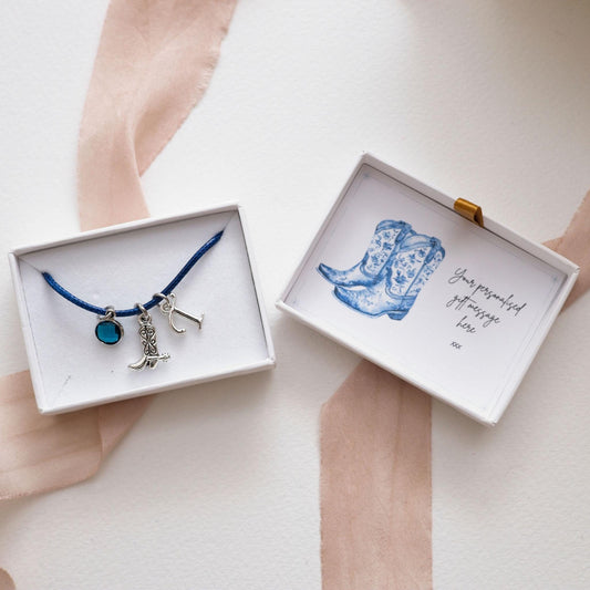 Cowgirl Boot Charm Bracelet: Western Style, Birthstone & Letter