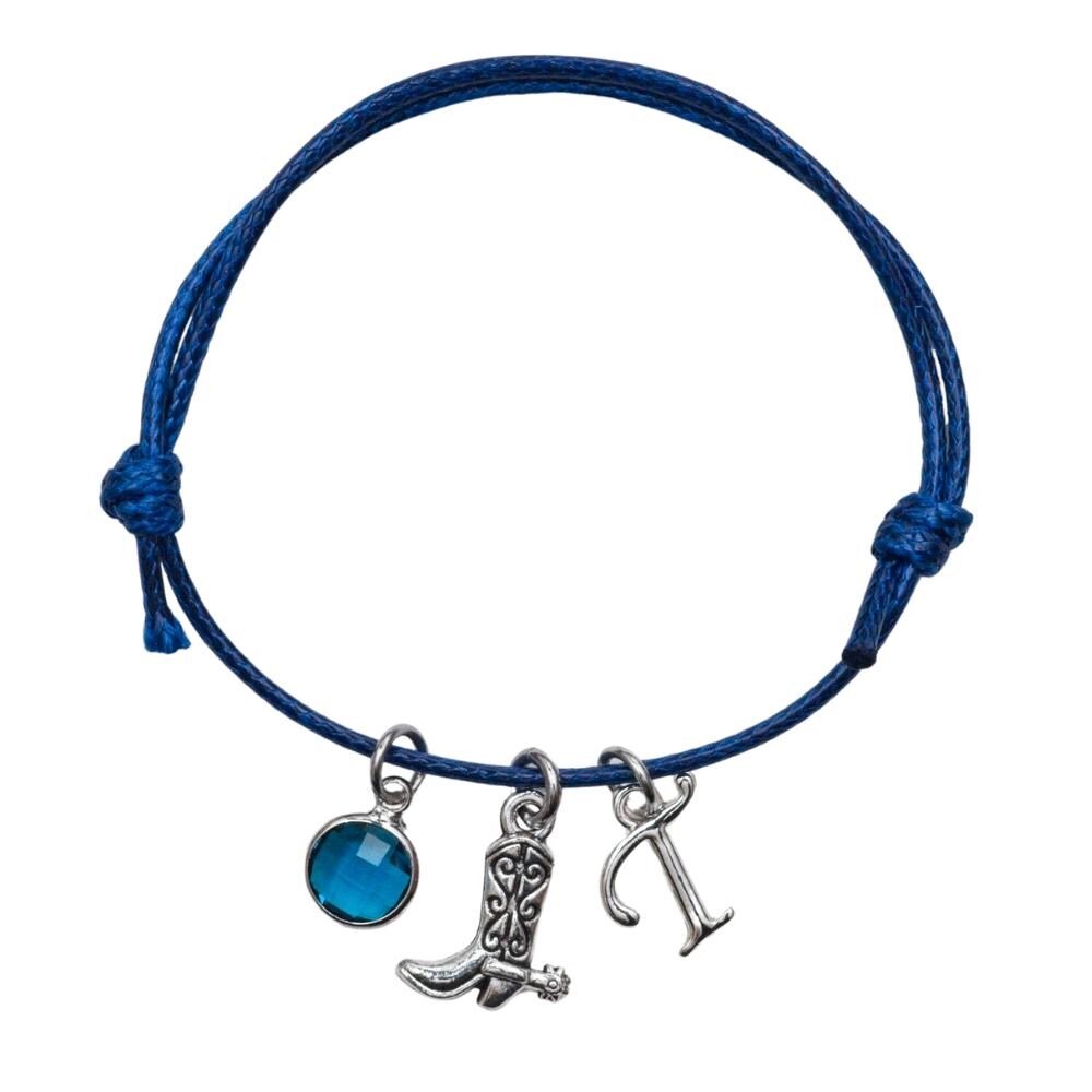 Cowgirl Boot Charm Bracelet: Western Style, Birthstone & Letter