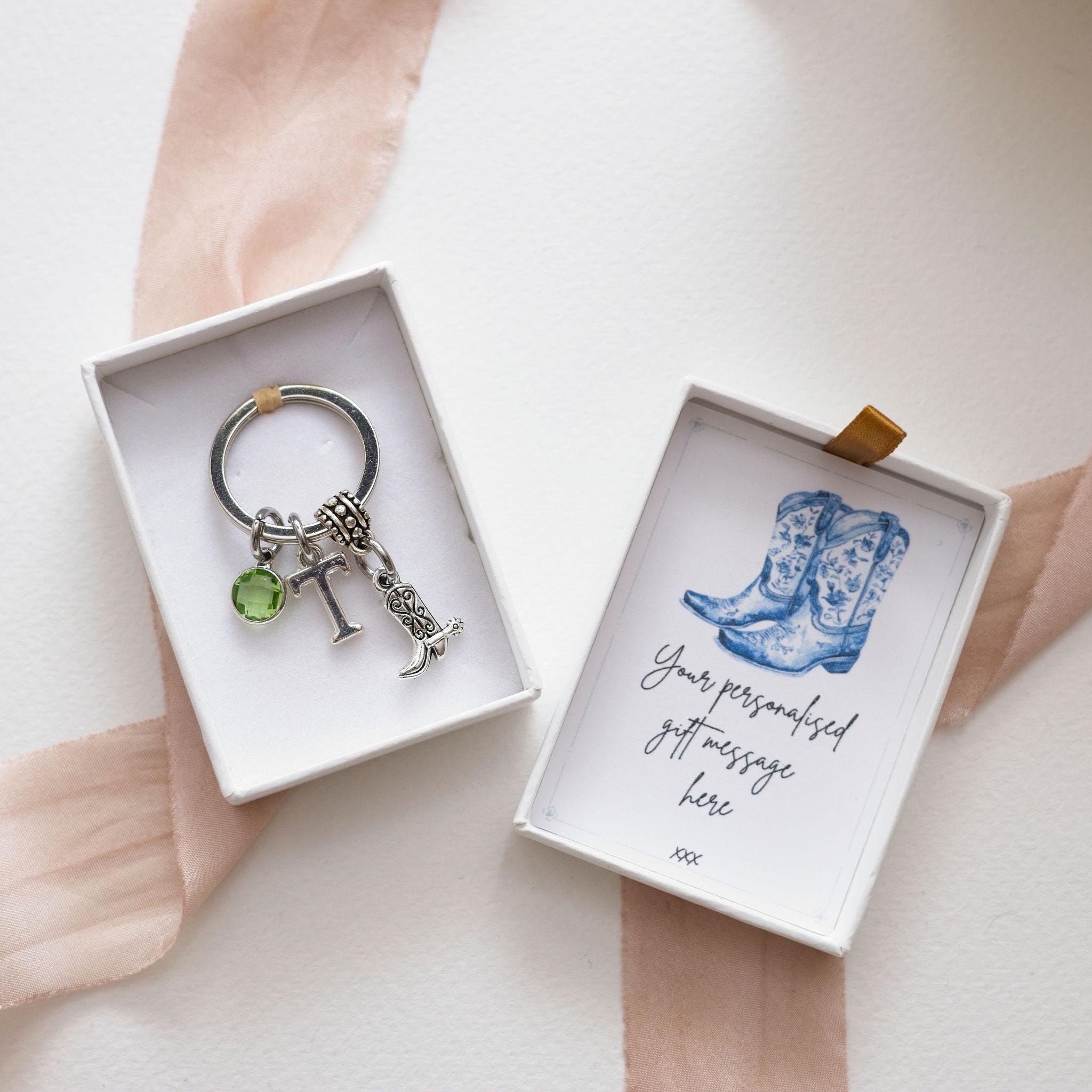 Cowboy boot keyring,  cowgirl keychain, personalised gifts, birthstone initial, western style, country fans, rodeo accessory, wild west