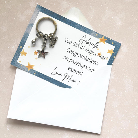 Well done keyring, star keyring, personalised gifts, end of school year, class of 2025, GCSE results, exam results congratulations, A level
