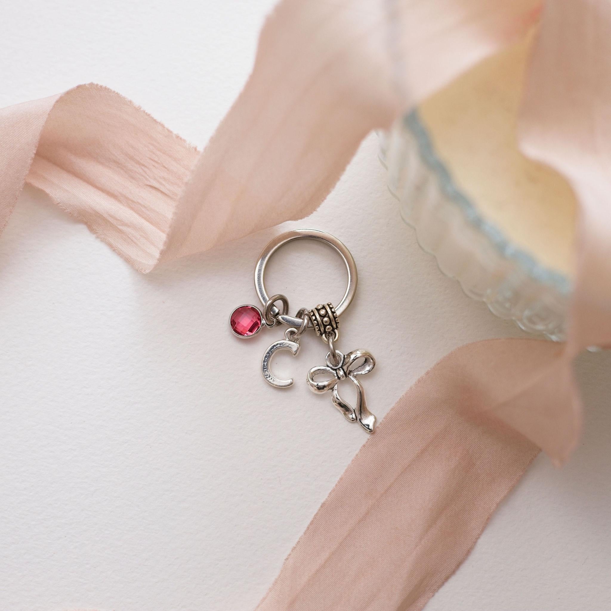 Bow keyring,  coquette keychain, personalised gifts, birthstone initial, ribbon charm accessory, bow bag charm