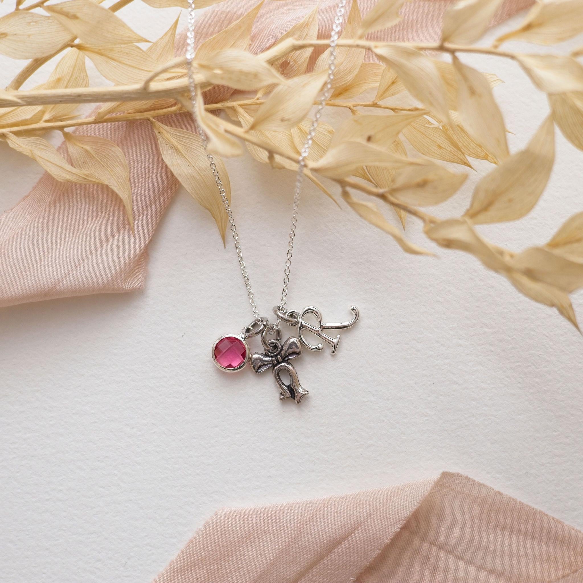 Bow necklace, personalised gifts, birthstone letter charm, bow jewellery, coquette accessory, ribbon pendant