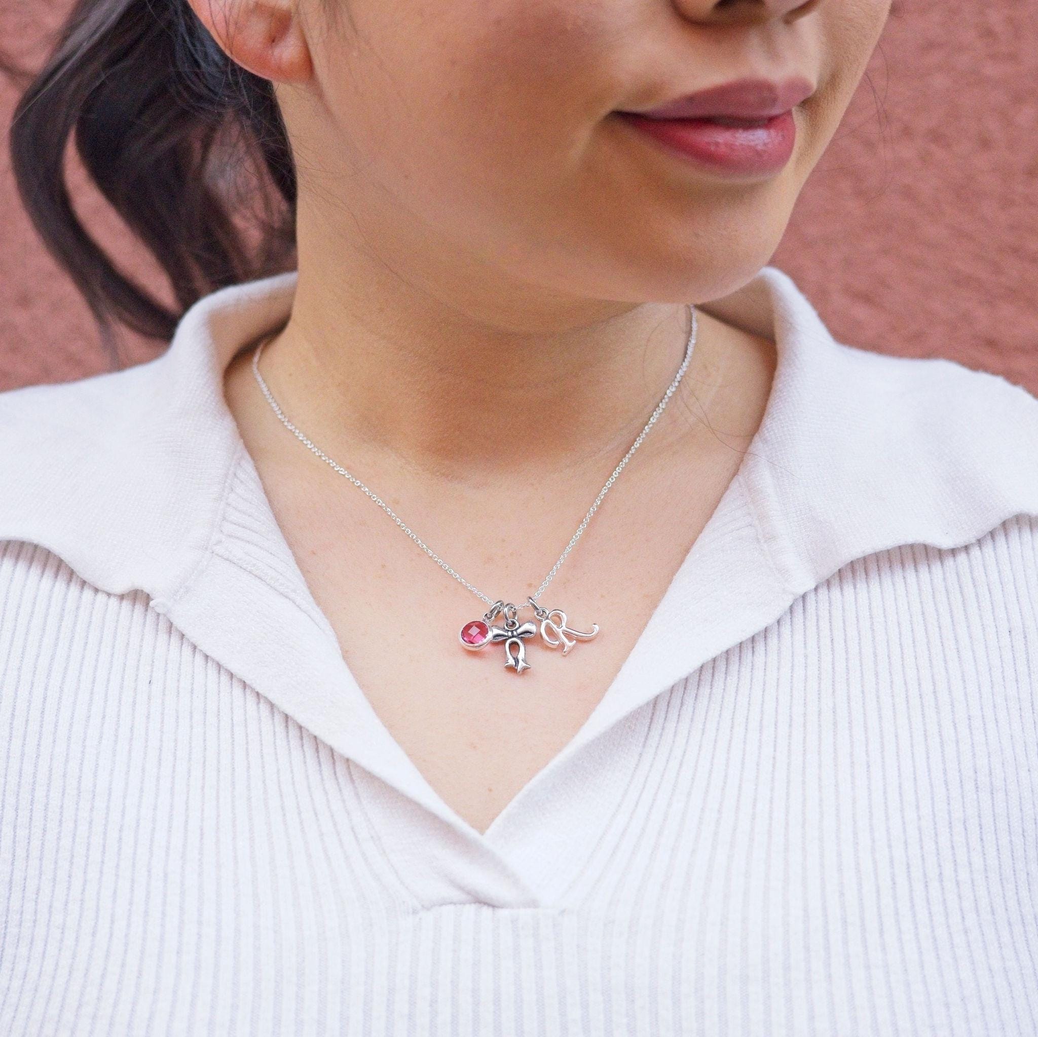Bow necklace, personalised gifts, birthstone letter charm, bow jewellery, coquette accessory, ribbon pendant