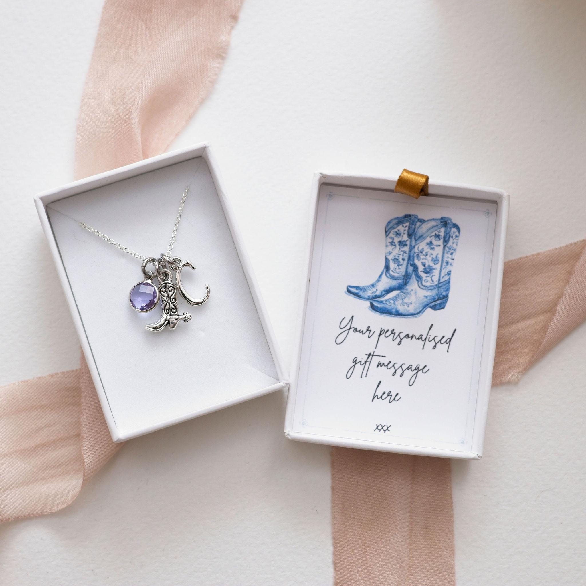 Cowboy Boot Necklace: Personalised Birthstone Letter Charm, Western Jewellery