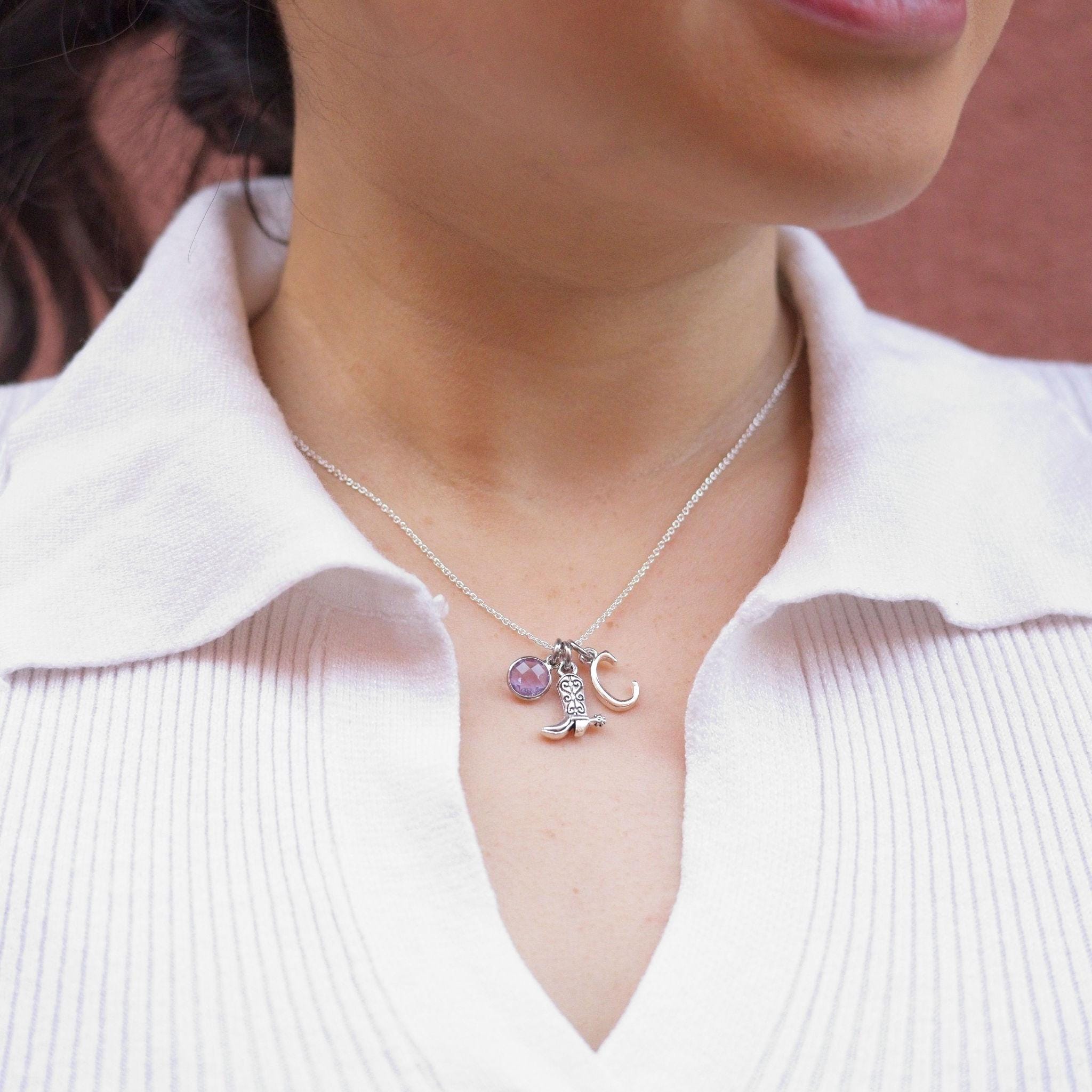 Cowboy Boot Necklace: Personalised Birthstone Letter Charm, Western Jewellery