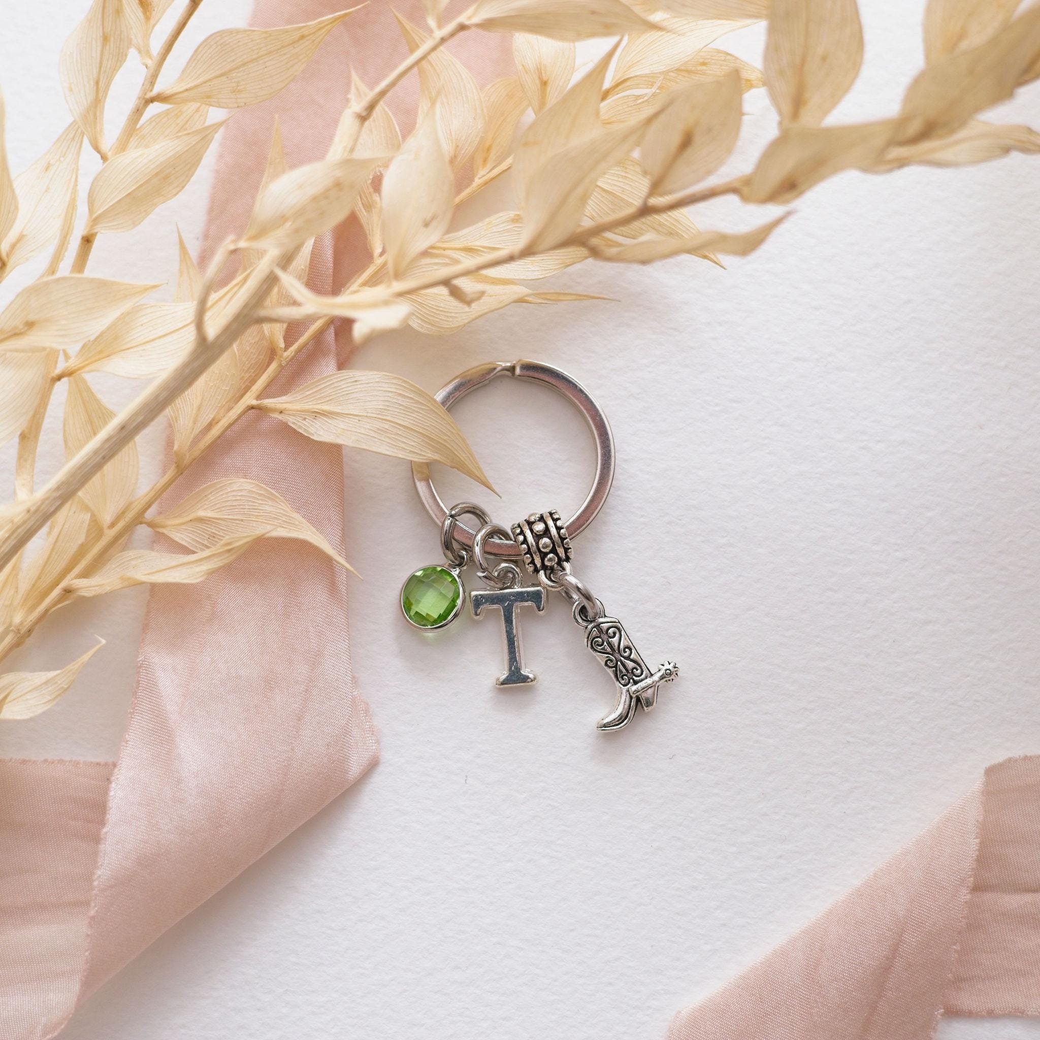 Cowboy boot keyring,  cowgirl keychain, personalised gifts, birthstone initial, western style, country fans, rodeo accessory, wild west