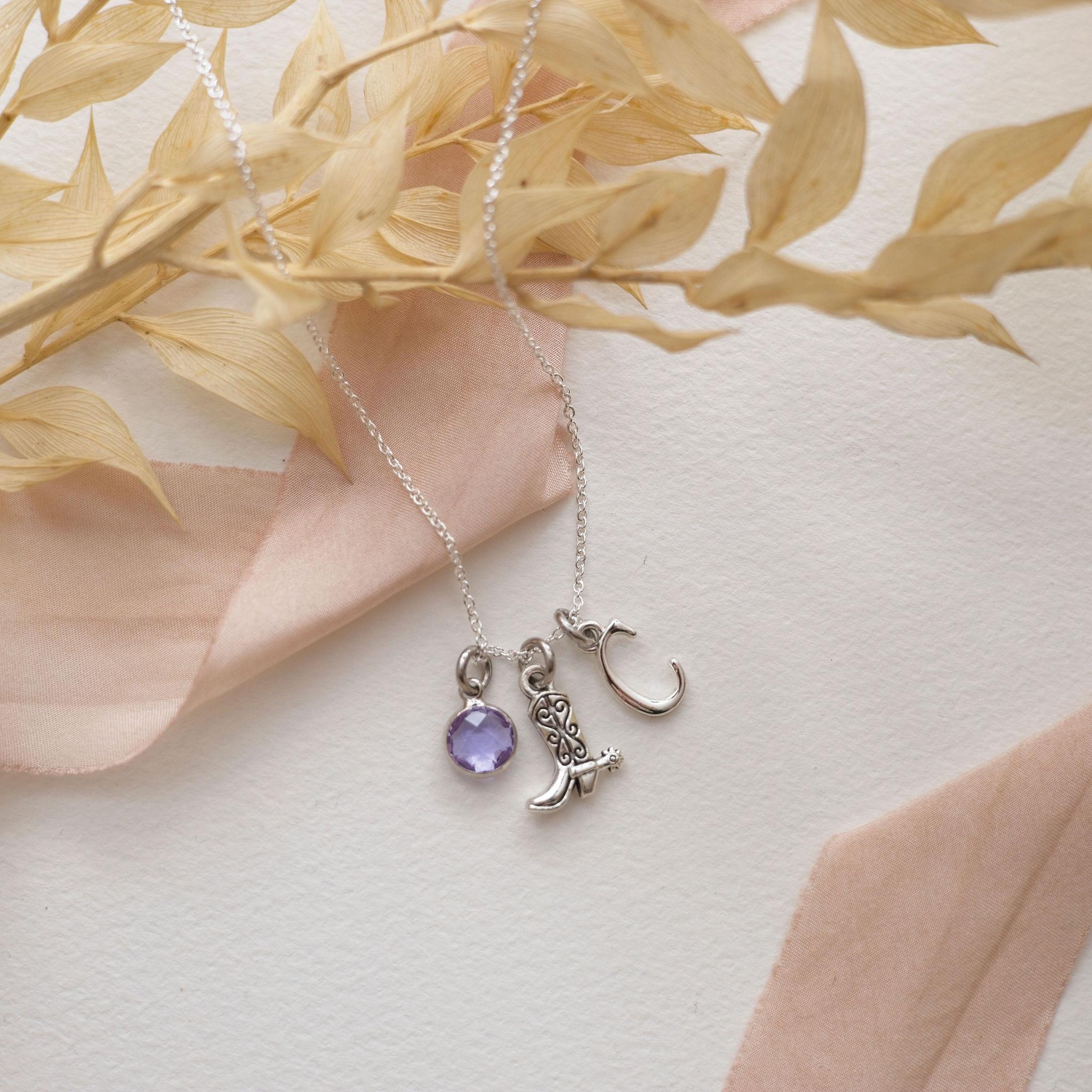 Cowboy boot necklace, personalised gifts, birthstone letter charm, cowgirl jewellery, western accessory, rodeo pendant, wild west gift