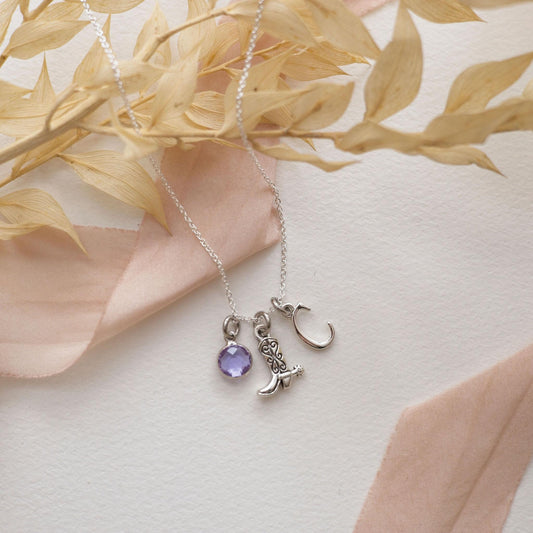 Cowboy boot necklace, personalised gifts, birthstone letter charm, cowgirl jewellery, western accessory, rodeo pendant, wild west gift