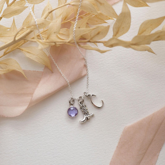 Cowboy Boot Necklace: Personalised Birthstone Letter Charm, Western Jewellery