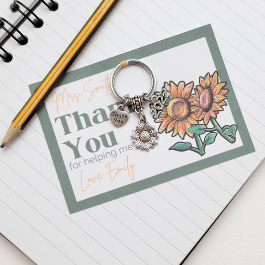 Teacher gift, sunflower keyring, personalised gifts, key worker thank you, teacher appreciation, end of school year, 2025 thank you gift