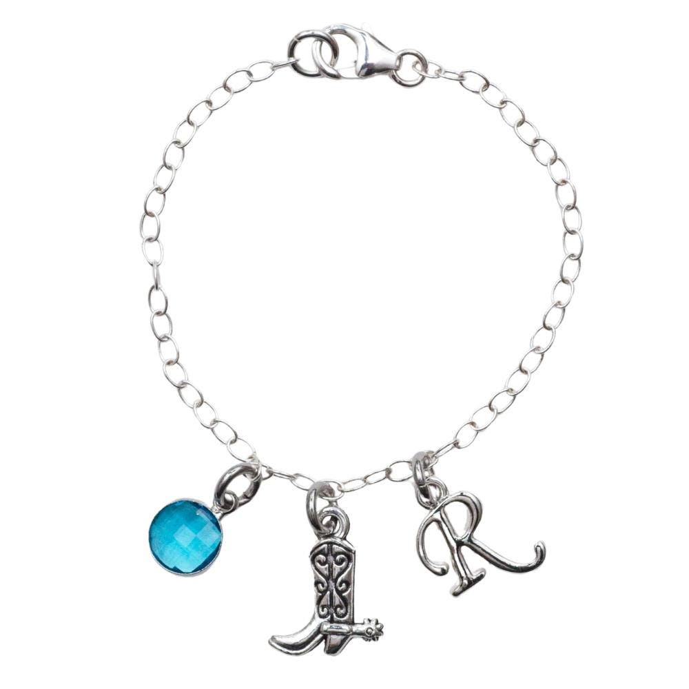 Cowboy boot bracelet, personalised gifts, western jewellery, cowgirl boot accessory, birthstone letter charm, wild west theme, country style