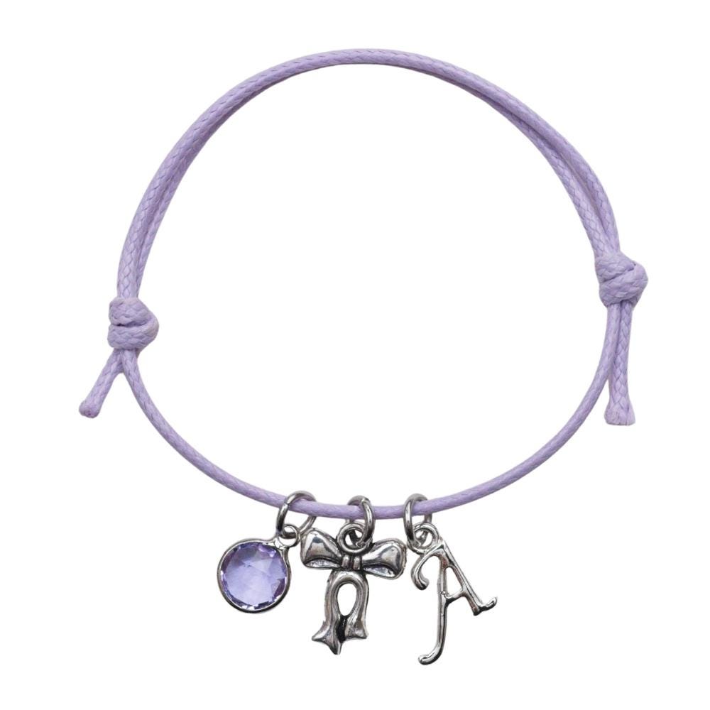 Bow cord bracelet, waxed corded adjustable, personalised gifts, coquette style accessory, birthstone letter charm, pretty girly jewellery