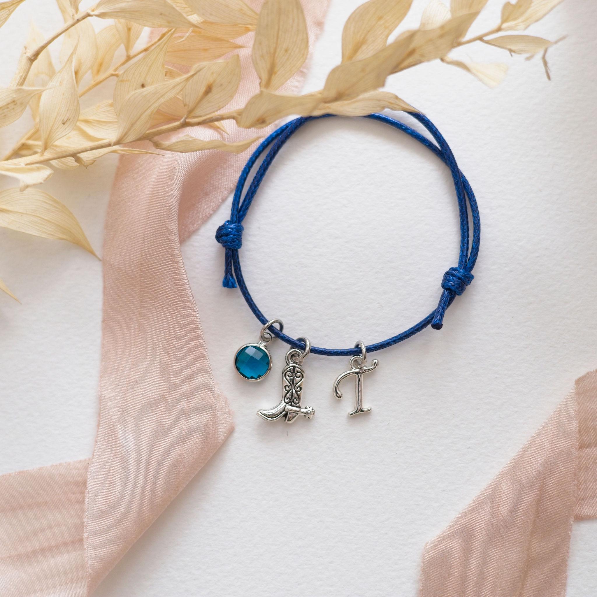 Cowgirl boot bracelet, waxed corded adjustable, personalised gifts, western style accessory, birthstone letter charm, wild west gift, rodeo
