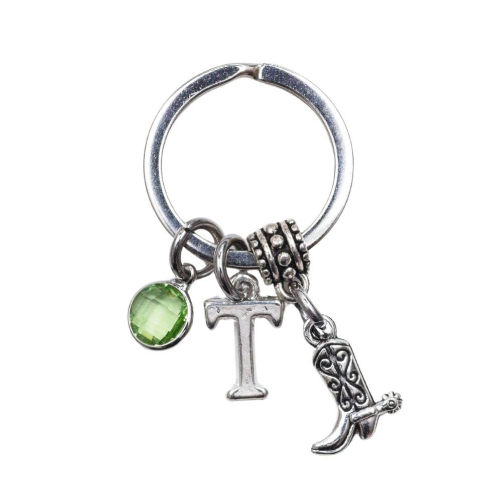 Cowboy boot keyring,  cowgirl keychain, personalised gifts, birthstone initial, western style, country fans, rodeo accessory, wild west