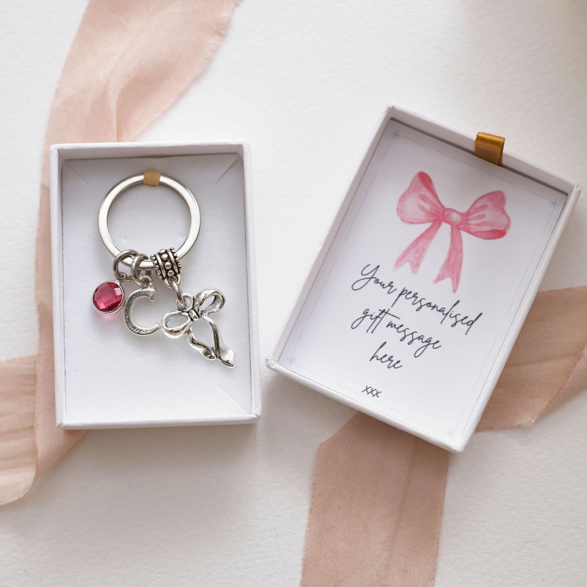 Bow keyring,  coquette keychain, personalised gifts, birthstone initial, ribbon charm accessory, bow bag charm
