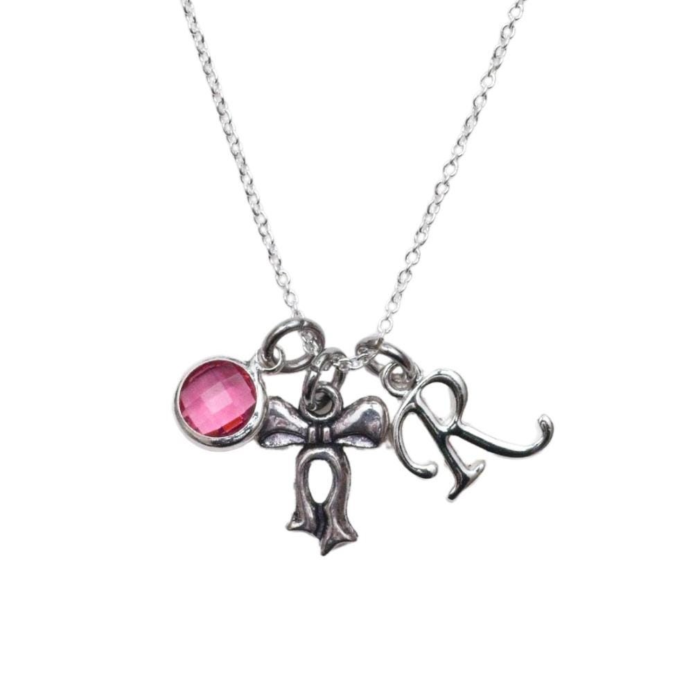 Bow necklace, personalised gifts, birthstone letter charm, bow jewellery, coquette accessory, ribbon pendant