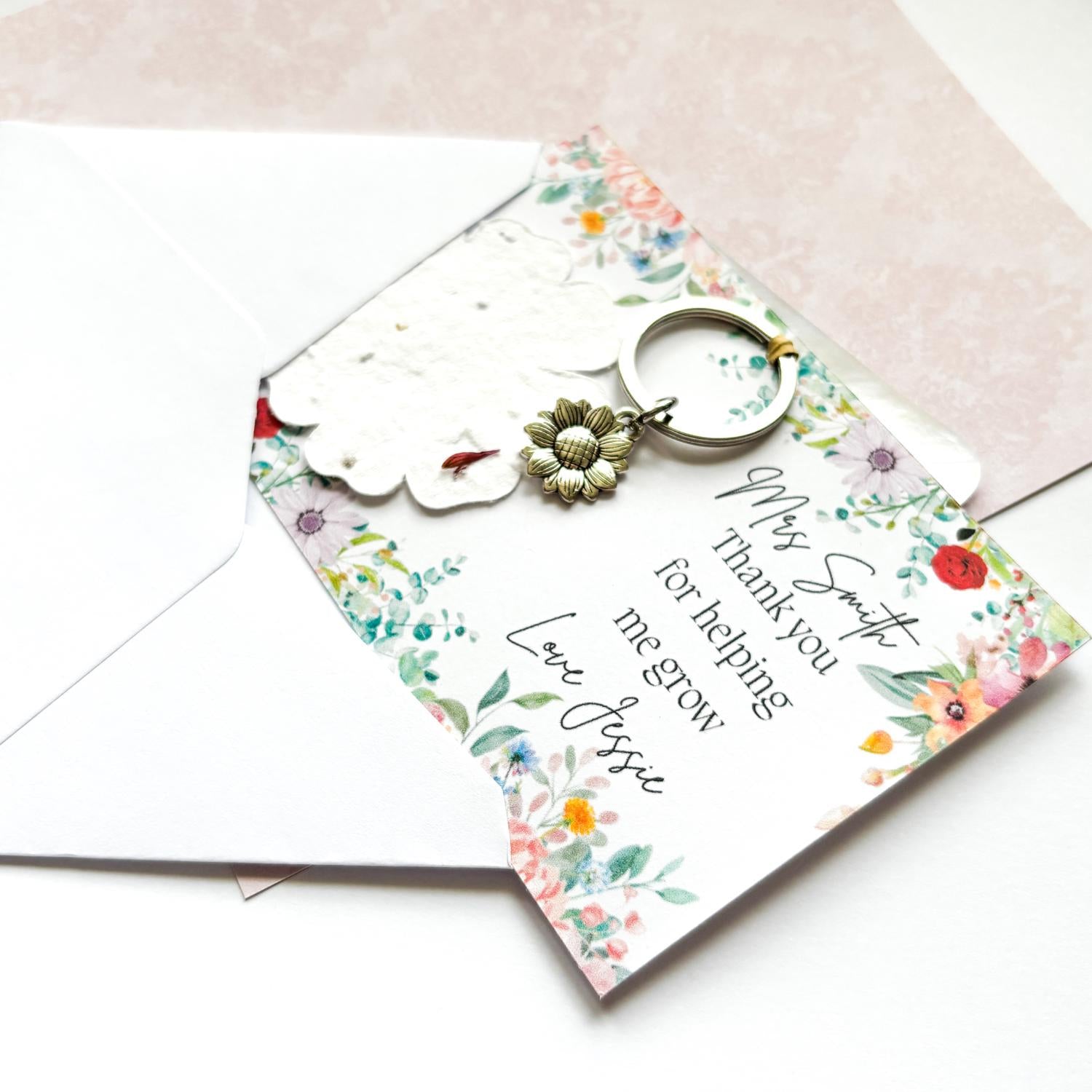 Wildflower teacher gift, sunflower keyring, wildflower seeds, personalised gifts, key worker gift, teacher appreciation, end of school year