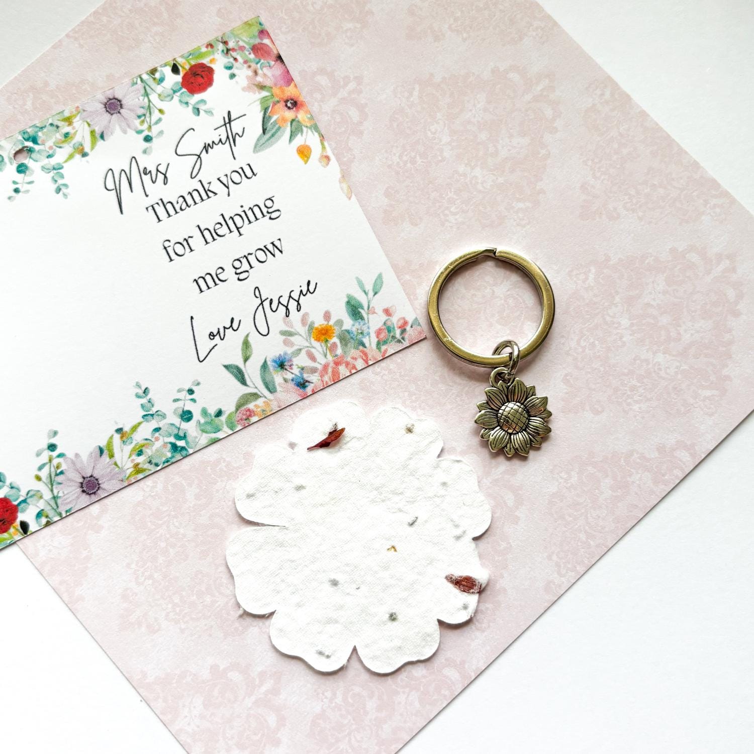 Wildflower teacher gift, sunflower keyring, wildflower seeds, personalised gifts, key worker gift, teacher appreciation, end of school year