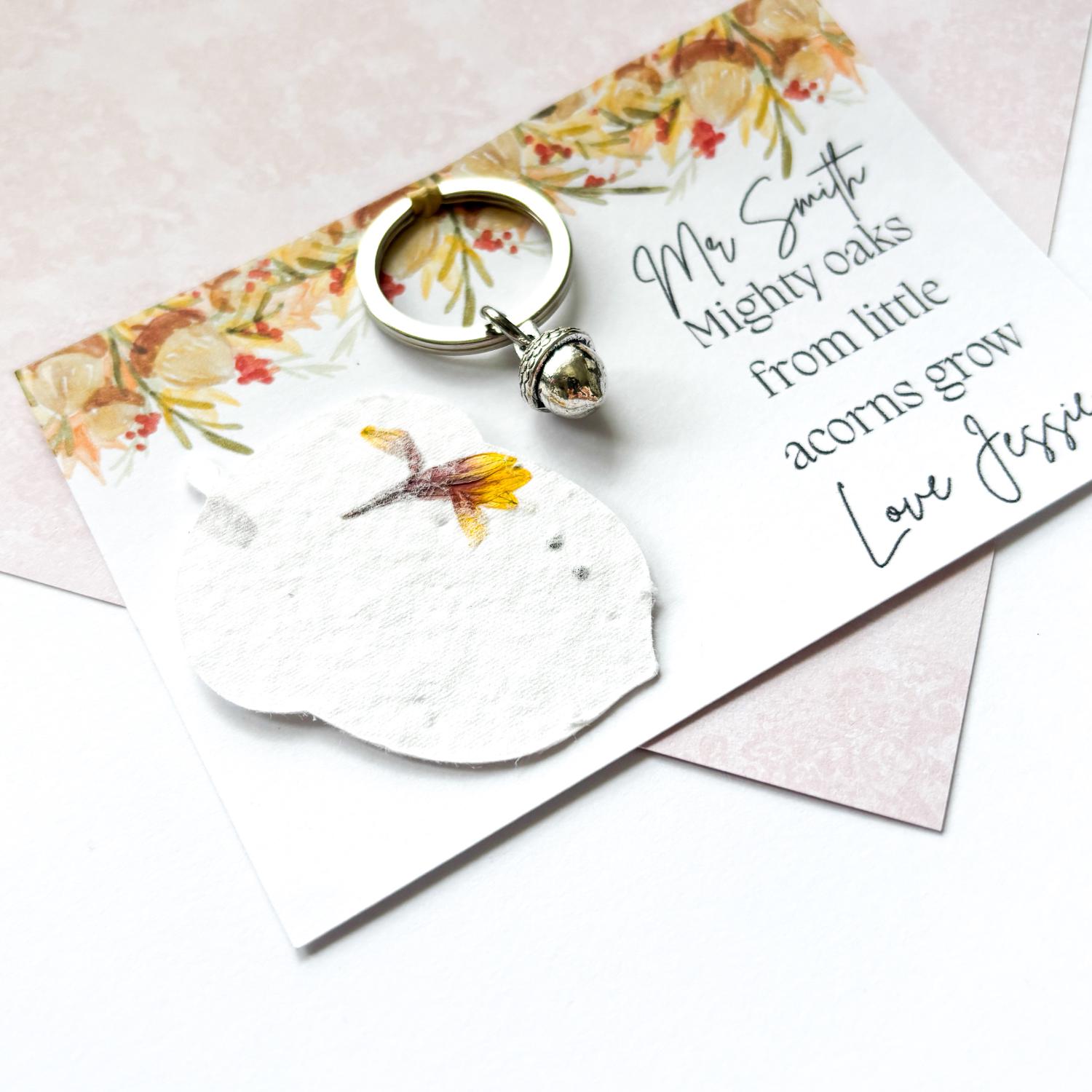 Wildflower teacher gift, acorn keyring, wildflower seeds, personalised gifts, key worker gift, teacher appreciation, end of school year