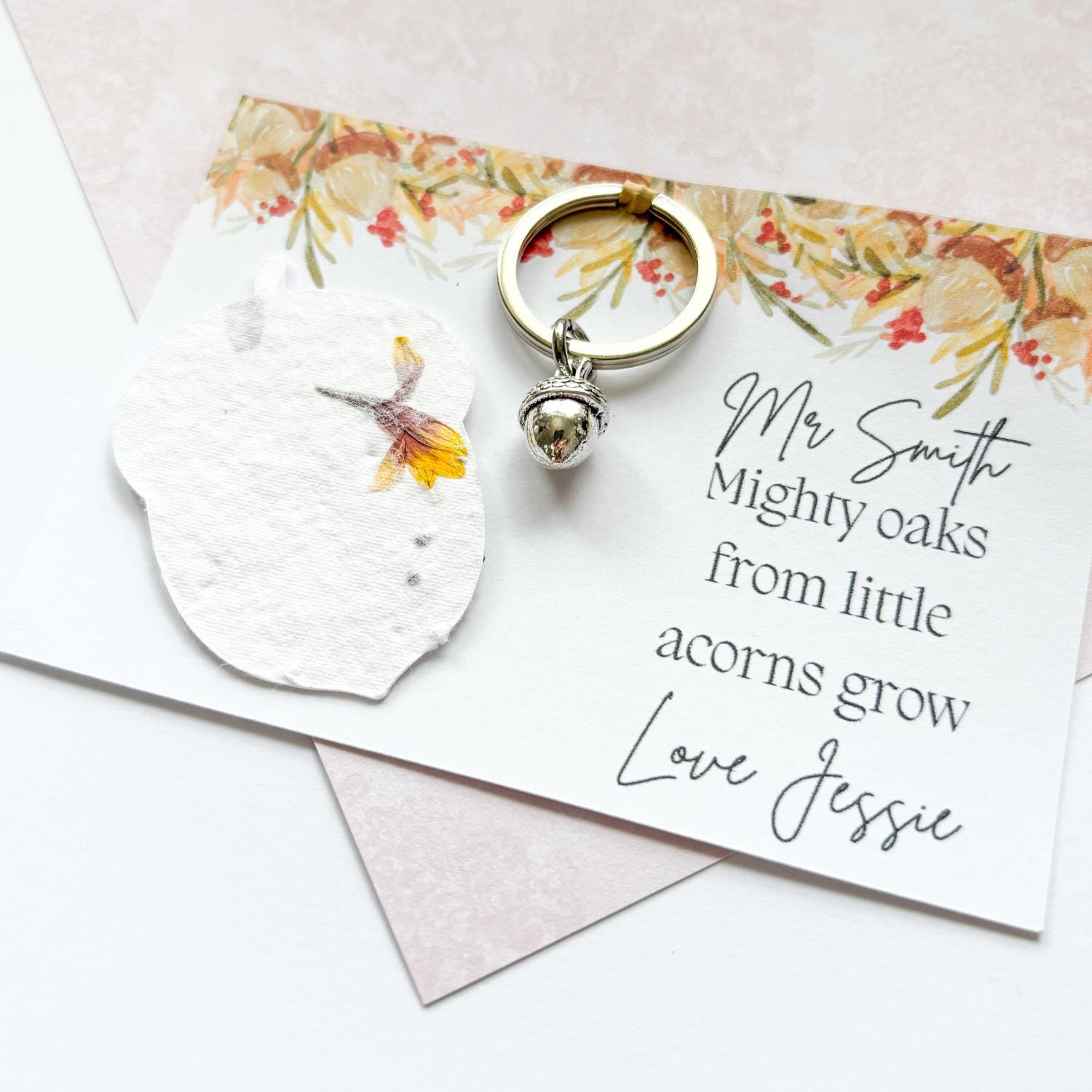 Wildflower teacher gift, acorn keyring, wildflower seeds, personalised gifts, key worker gift, teacher appreciation, end of school year