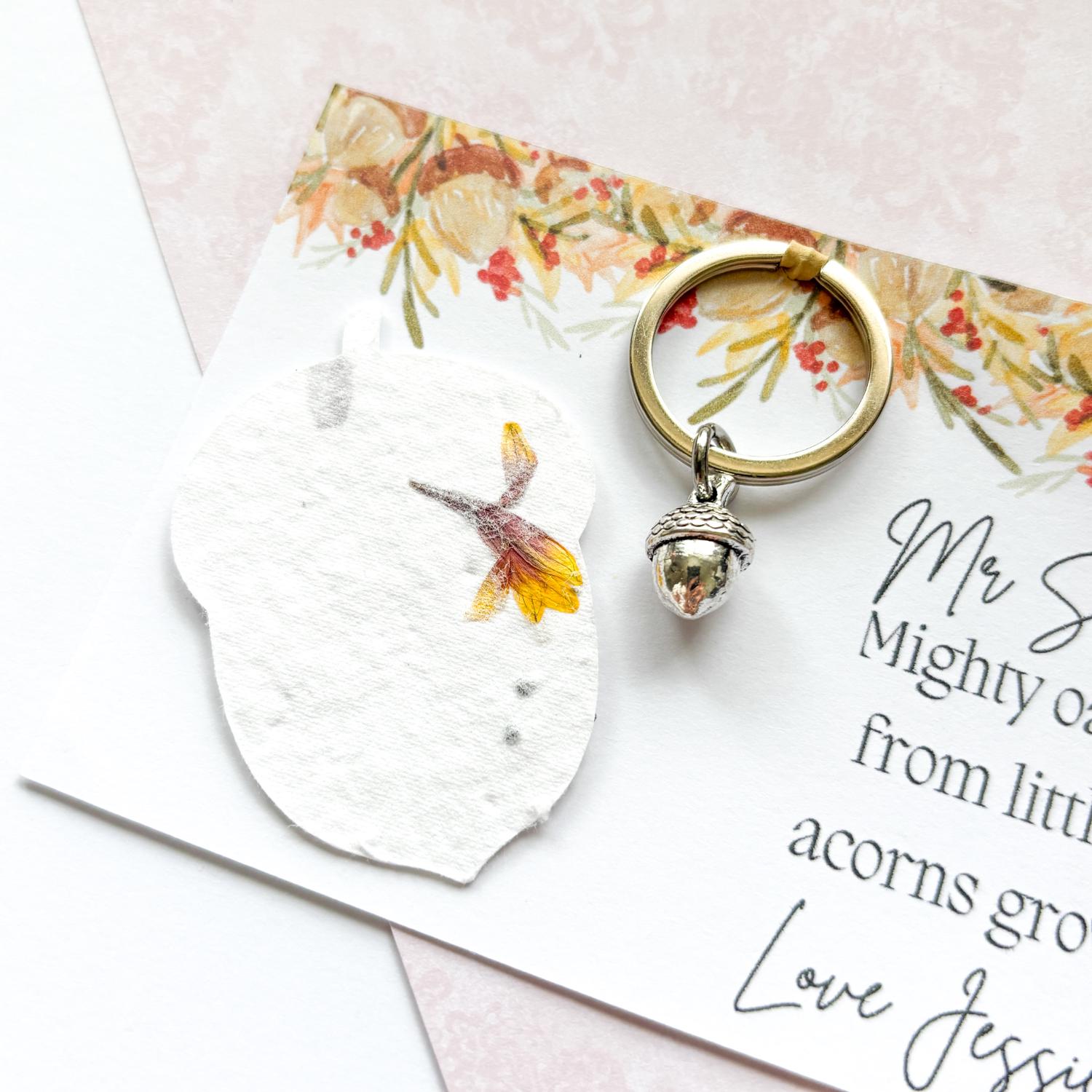 Wildflower teacher gift, acorn keyring, wildflower seeds, personalised gifts, key worker gift, teacher appreciation, end of school year