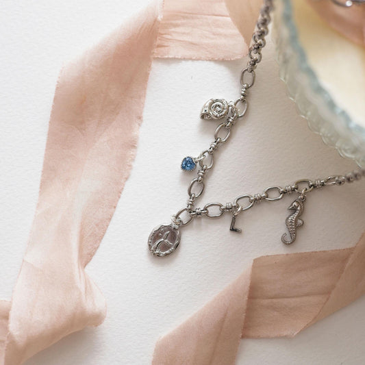 Mystic tides necklace, personalised gifts, ocean theme jewellery, ammonite shell charm, birthstone and letter, charm bar, mermaid pendant