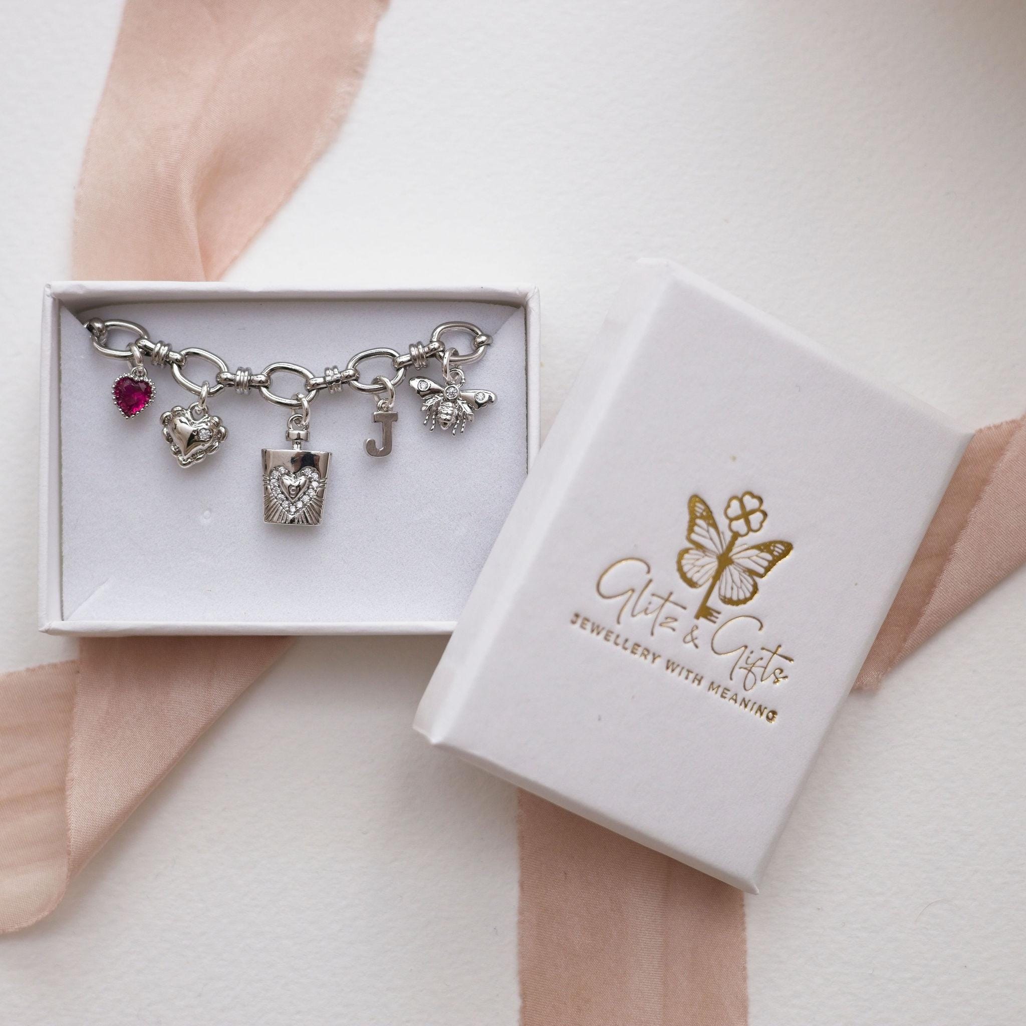 Amour elixir bracelet, personalised gift, birthstone initial charm, bee heart love potion perfume, custom gift for her, romantic jewellery