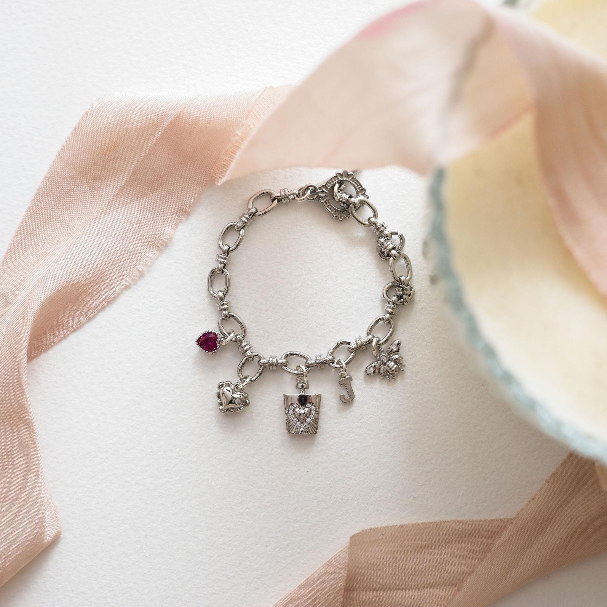 Amour elixir bracelet, personalised gift, birthstone initial charm, bee heart love potion perfume, custom gift for her, romantic jewellery