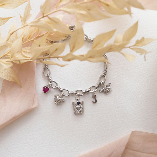 Amour elixir bracelet, personalised gift, birthstone initial charm, bee heart love potion perfume, custom gift for her, romantic jewellery