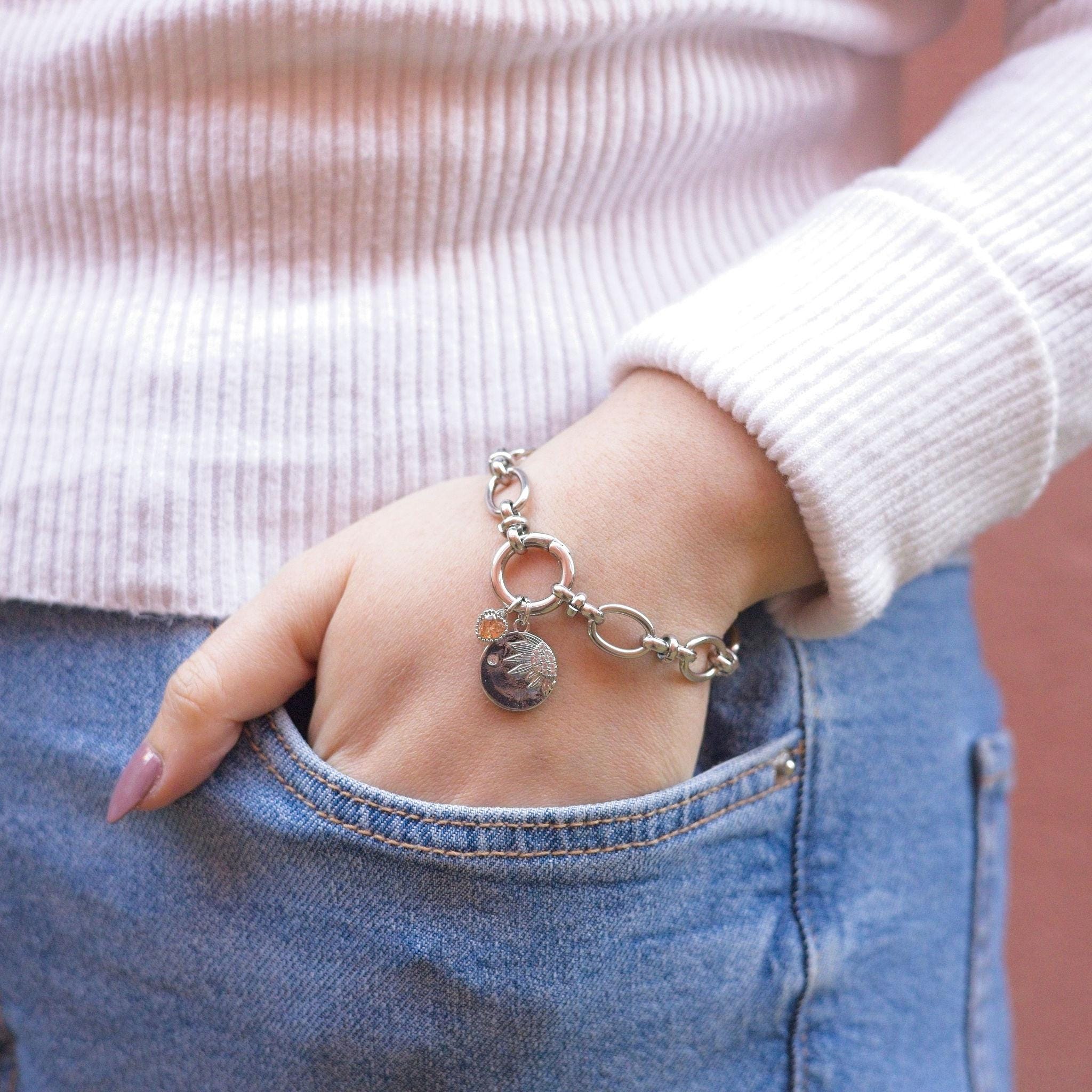 Sunflower spirit bracelet, personalised gift, birthstone charm, summer jewellery, flower gift for her, floral accessory,