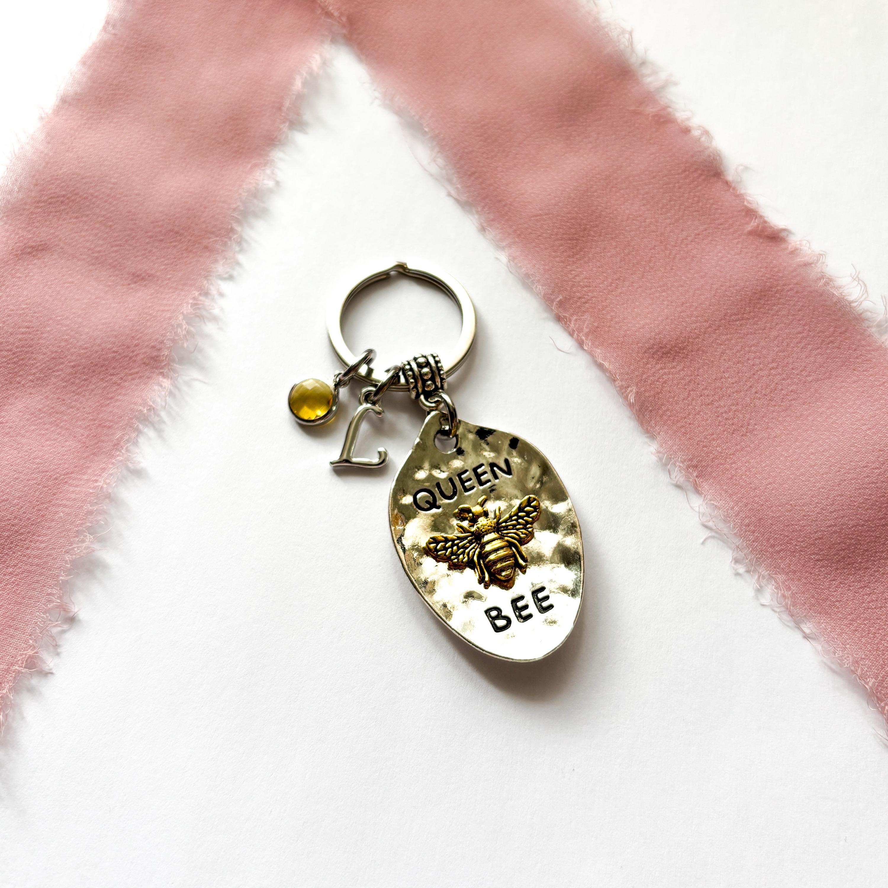 Queen Bee Charm Keyring with Birthstone & Initial, Personalised Bee Keyring Gift