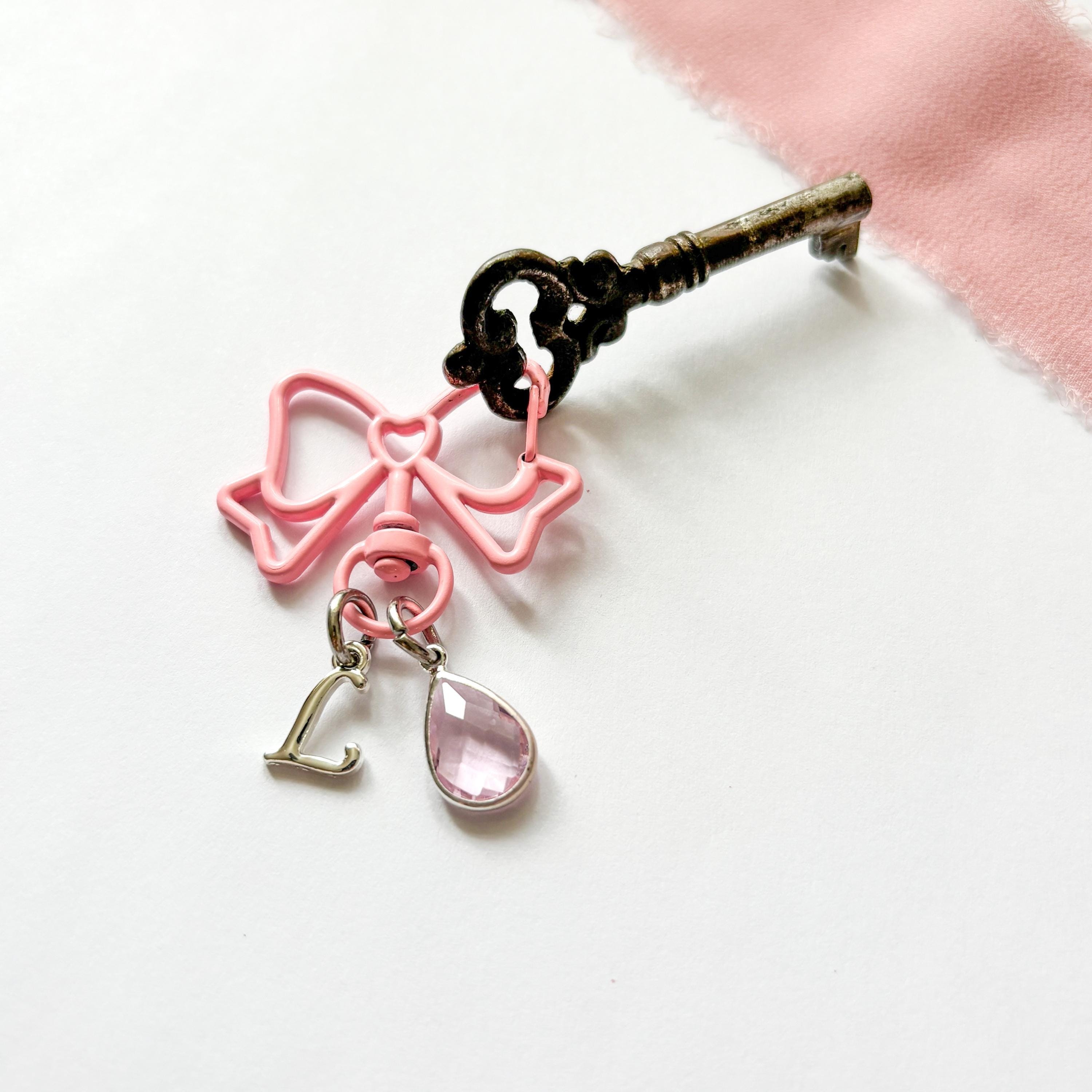 Pink Bow Bag Charm, Coquette Style Keyring, Personalised with Birthstone & Initial Letter, Custom Gift for Her, Bow Gifts