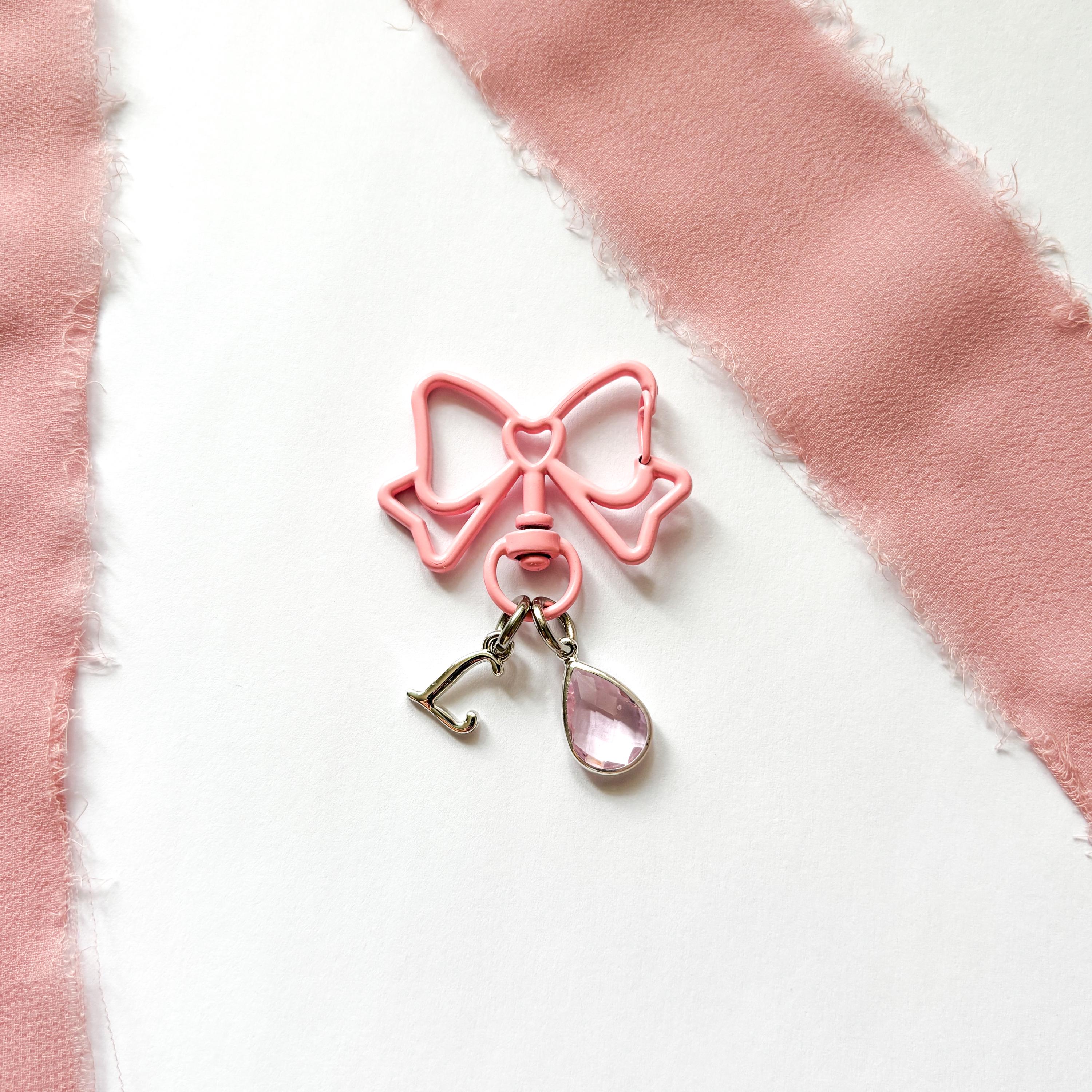 Personalised Pink Bow Bag Charm: Birthstone Initial Keyring