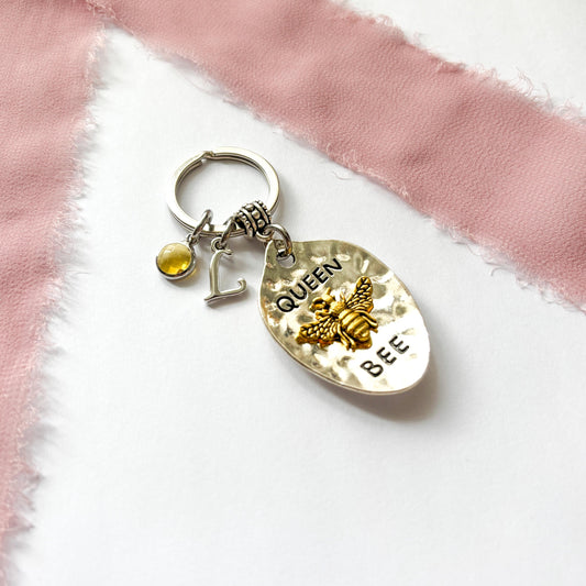 Queen Bee Charm Keyring with Birthstone & Initial, Personalised Bee Keyring Gift