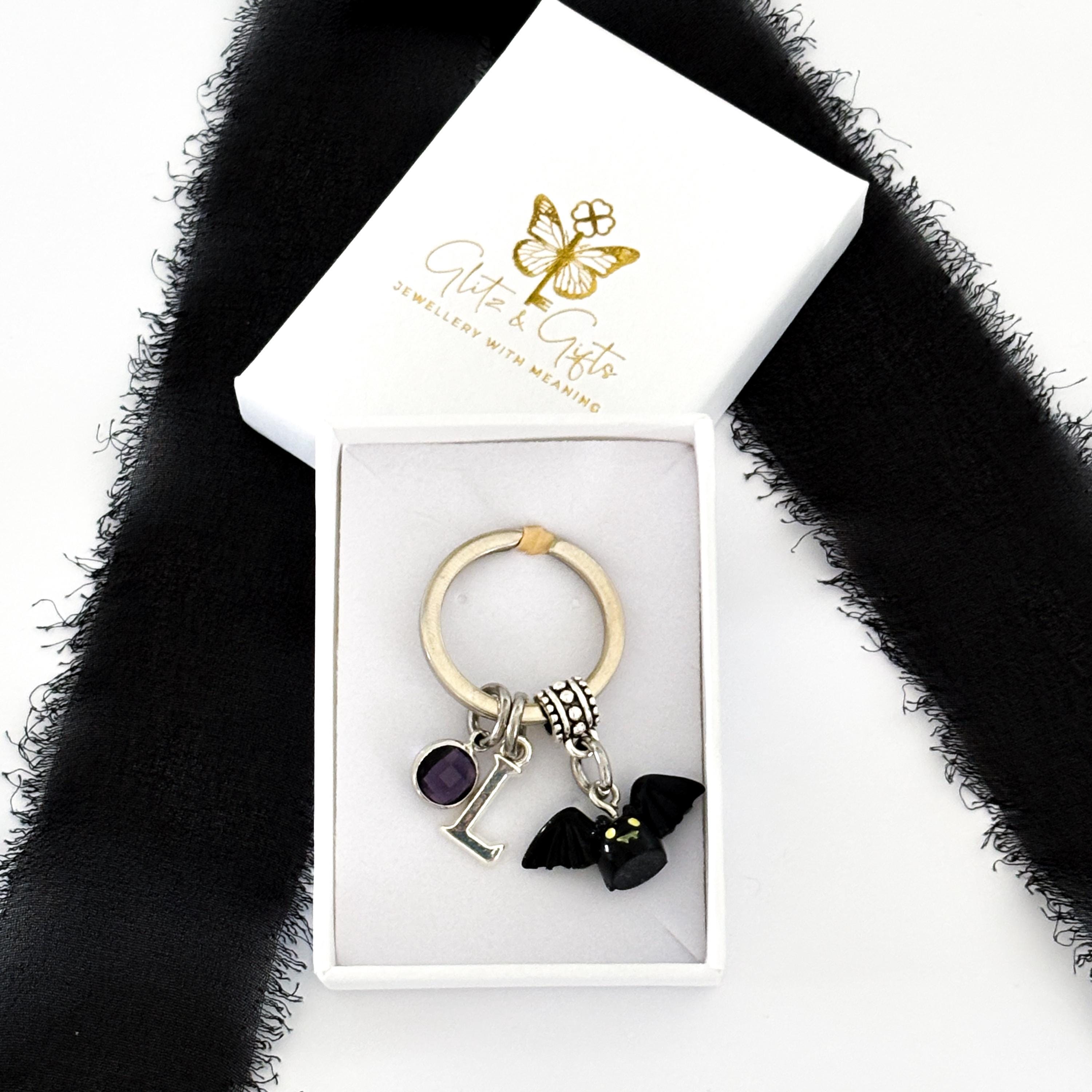 Personalised Halloween Bat Keyring with Birthstone & Initial – Custom Spooky Gift