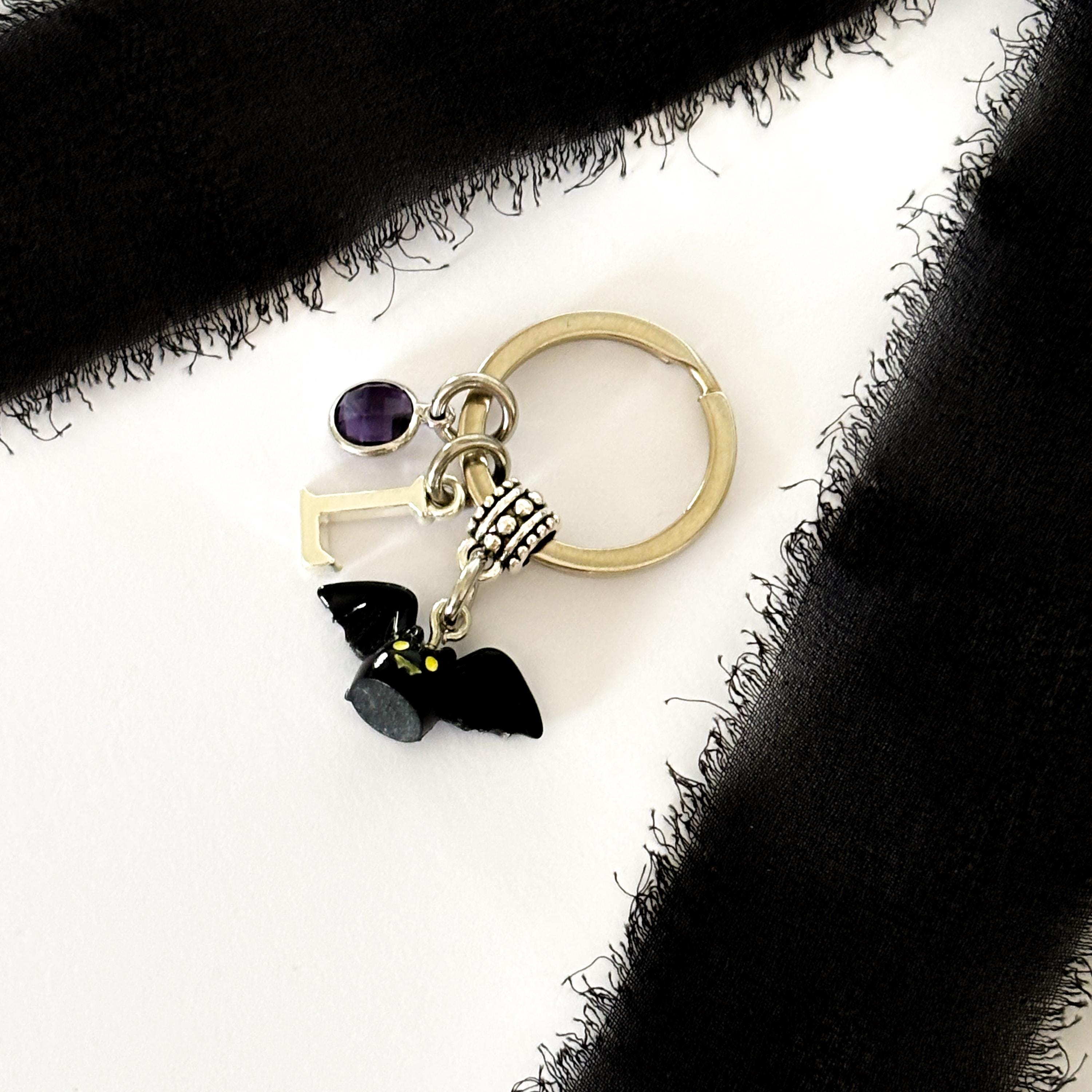 Personalised Halloween Bat Keyring with Birthstone & Initial – Custom Spooky Gift