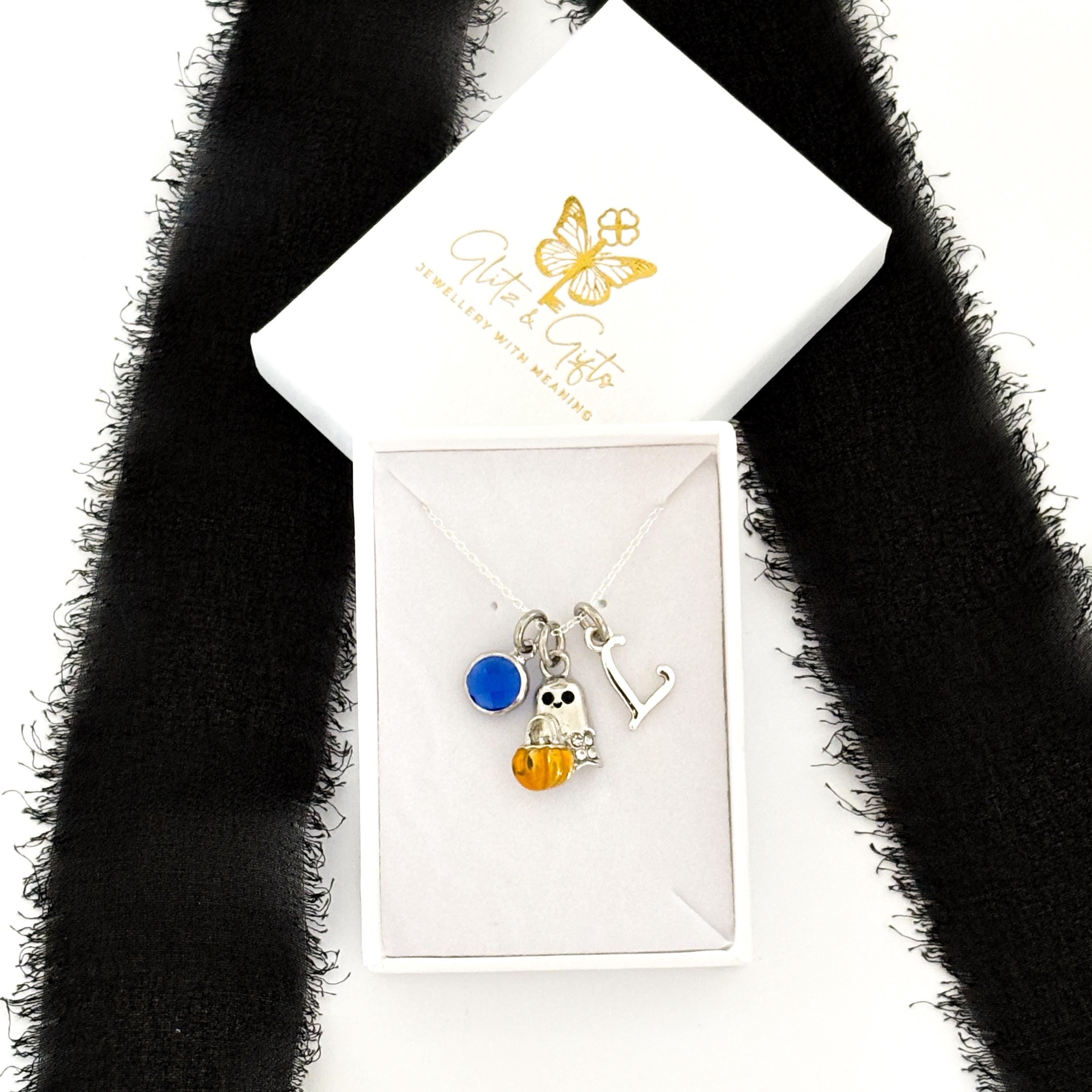 Ghost Charm Necklace: Halloween Pumpkin Pendant, Personalised Initial Birthstone