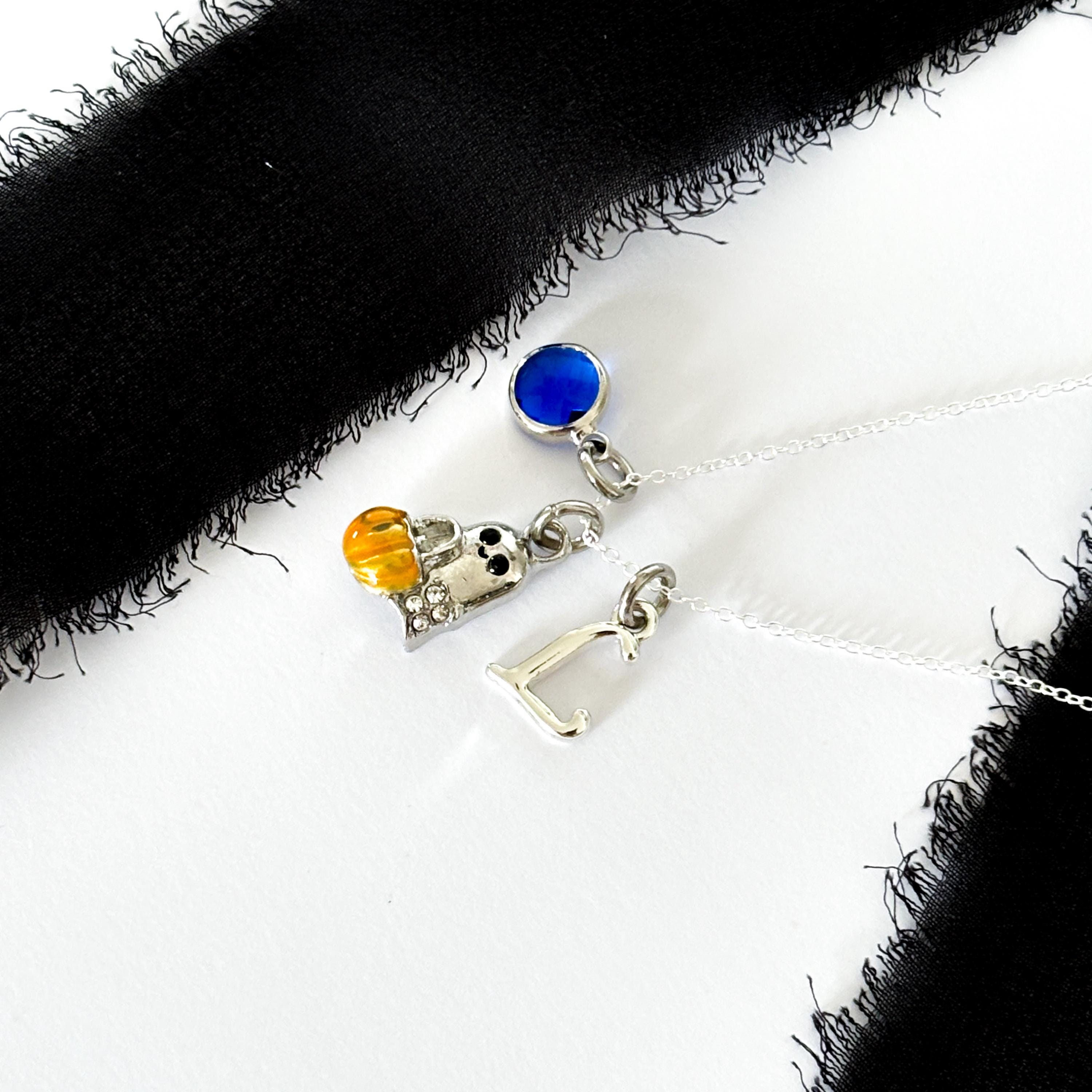 Ghost Charm Necklace: Halloween Pumpkin Pendant, Personalised Initial Birthstone