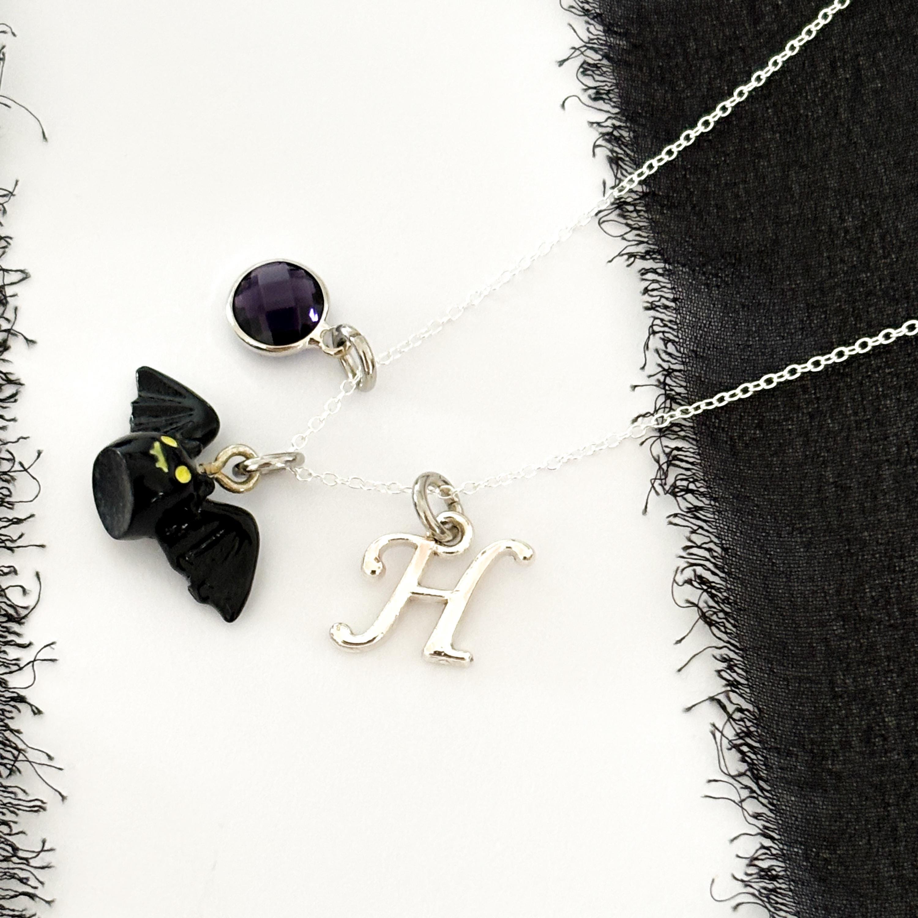 Personalised Halloween Bat Necklace with Birthstone & Initial – Custom Spooky Pendant