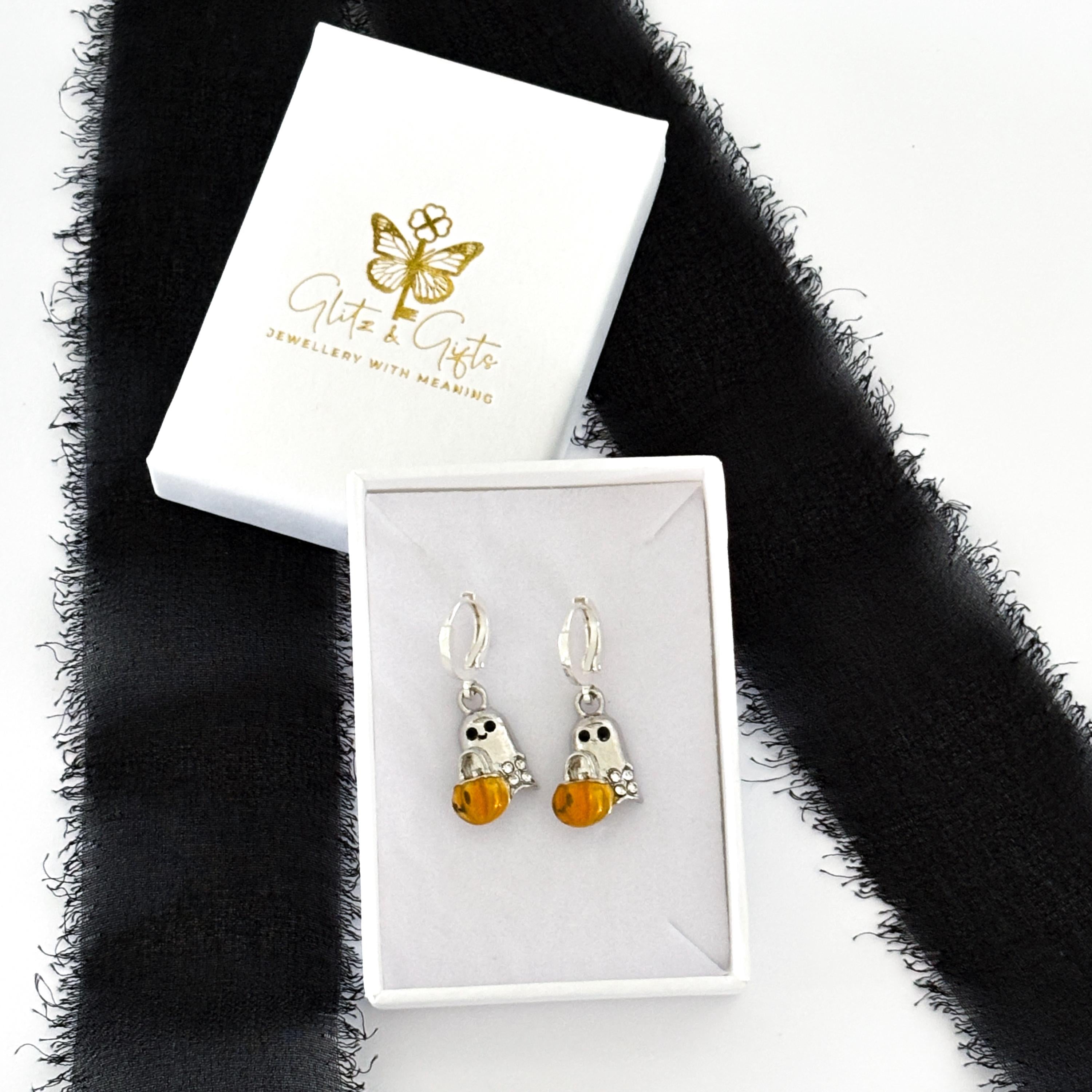 Ghost Charm Earrings with Pumpkin – Spooky Halloween Earrings