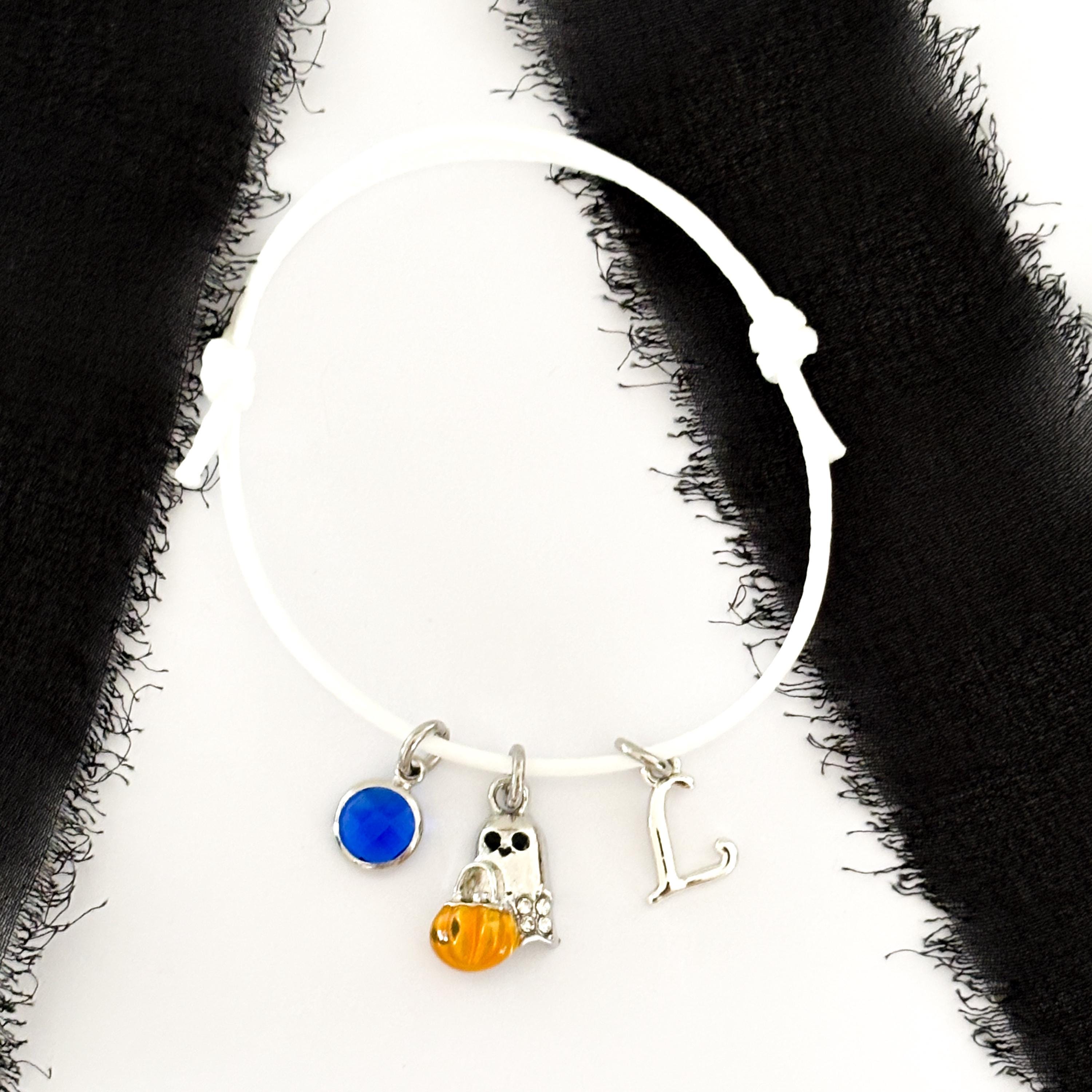 Ghost Charm Cord Bracelet: Halloween Pumpkin Bag, Personalised Initial