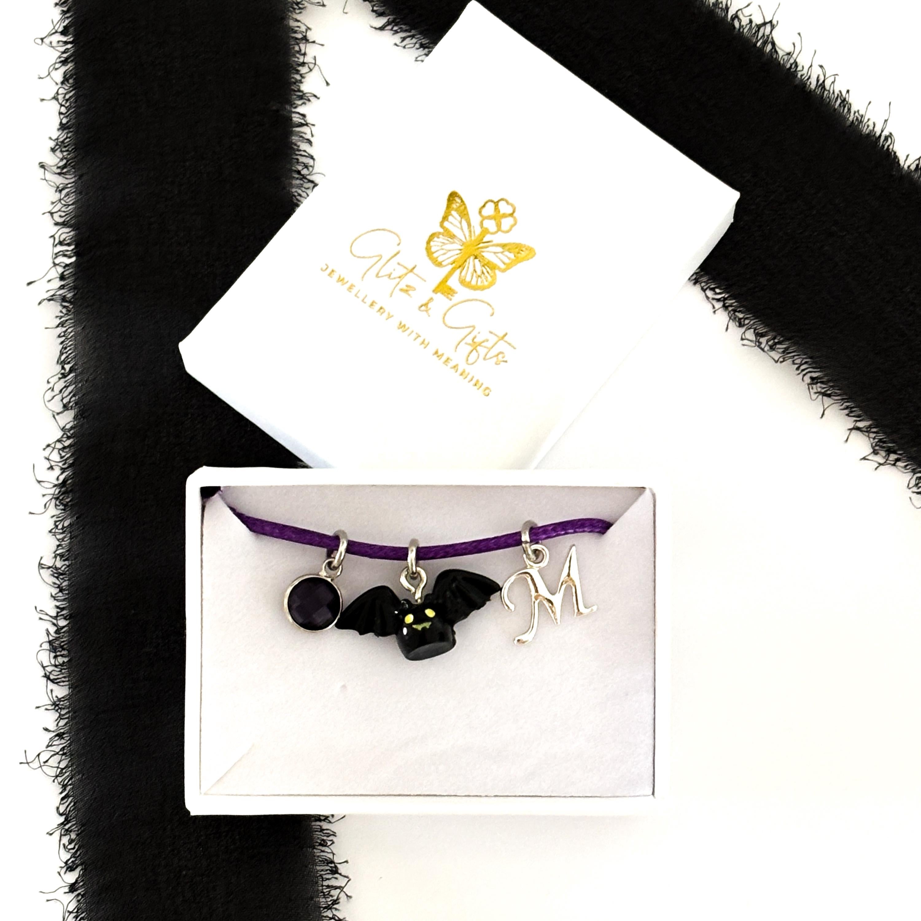 Personalised Halloween Bat Cord Bracelet with Birthstone & Initial, Custom Spooky Jewellery Gift