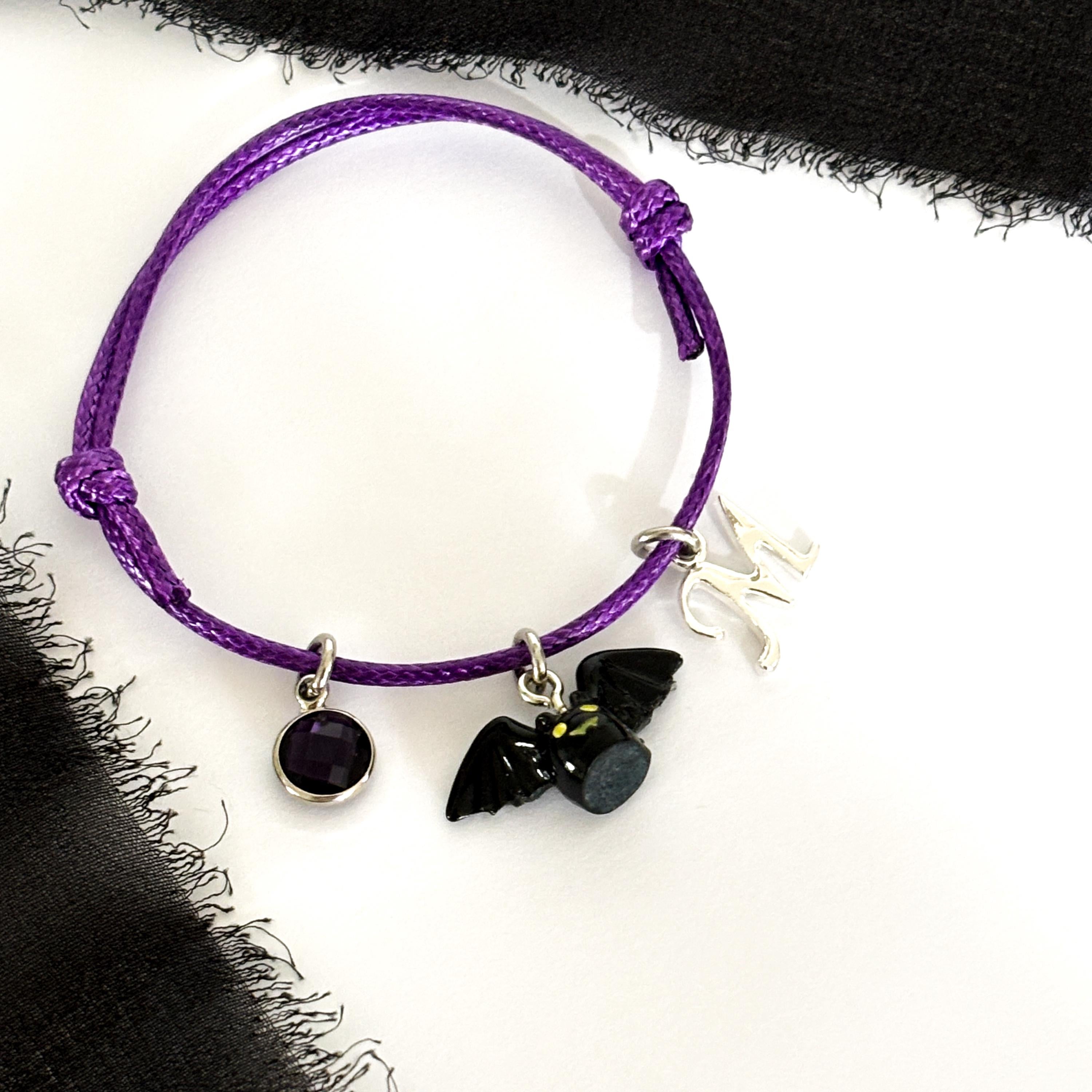 Personalised Halloween Bat Cord Bracelet with Birthstone & Initial, Custom Spooky Jewellery Gift