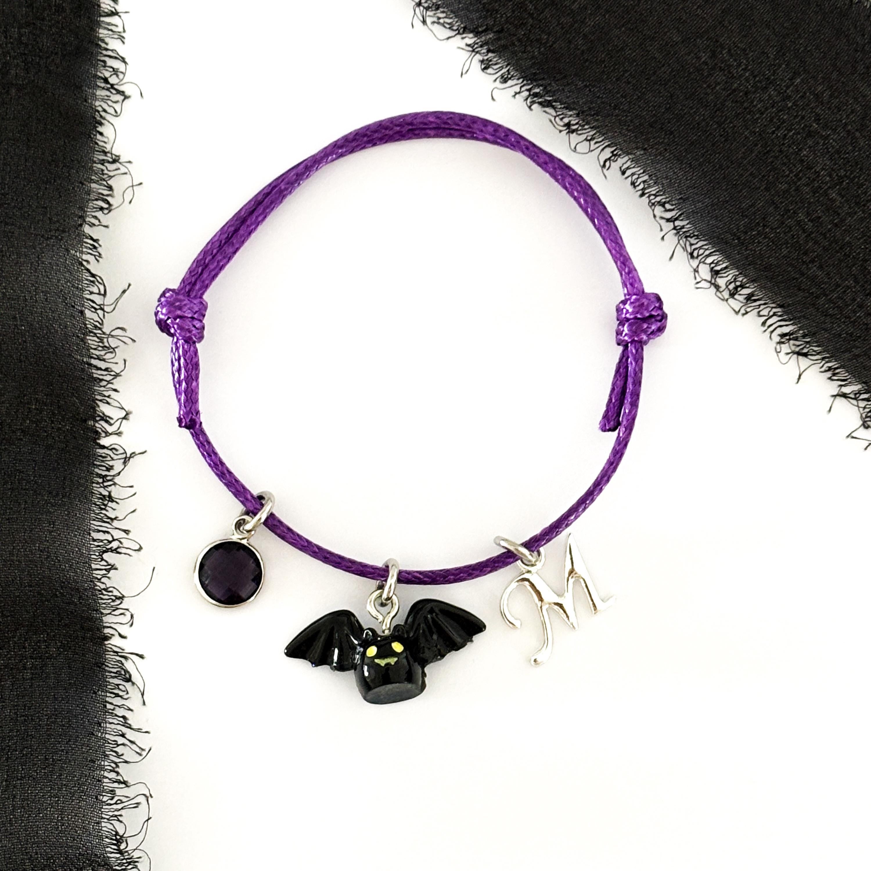 Personalised Halloween Bat Cord Bracelet with Birthstone & Initial, Custom Spooky Jewellery Gift