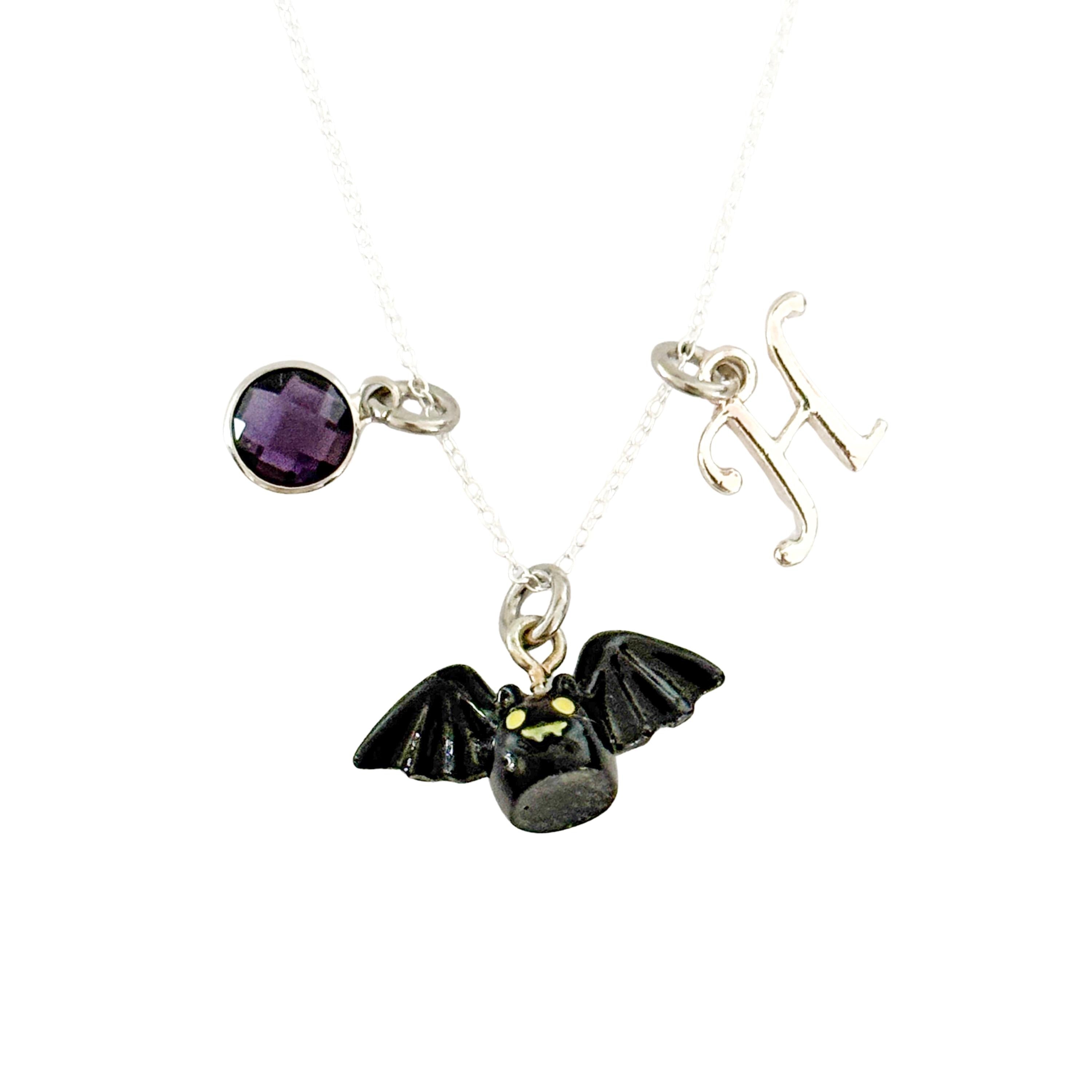 Personalised Halloween Bat Necklace with Birthstone & Initial – Custom Spooky Pendant
