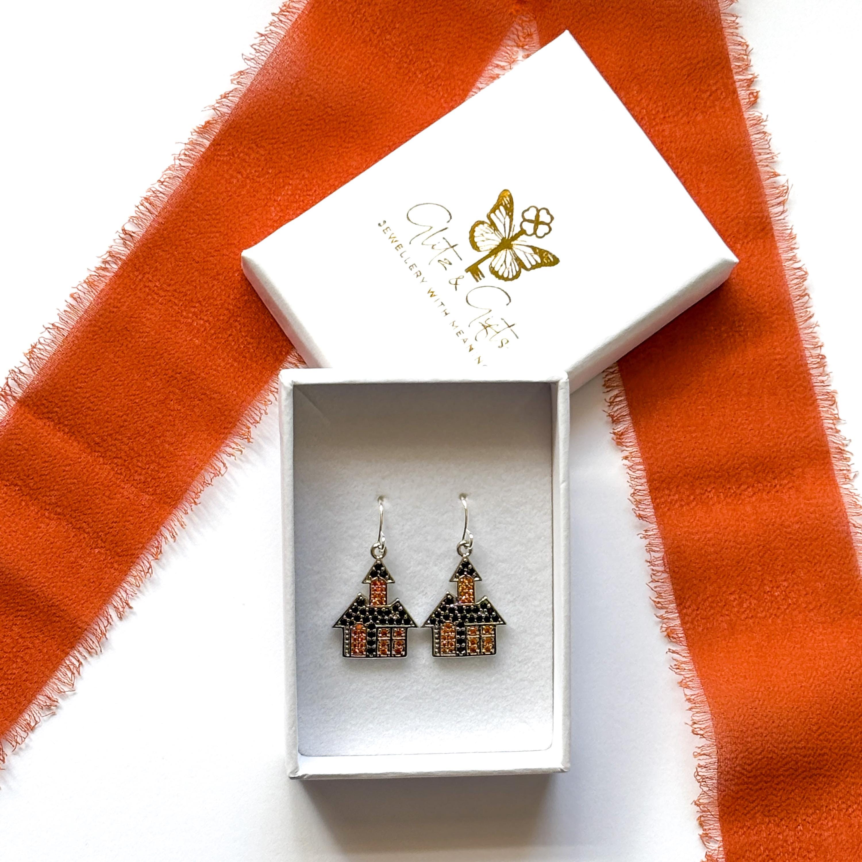 Haunted House Earrings Black and Orange CZ Halloween Dangle Earrings