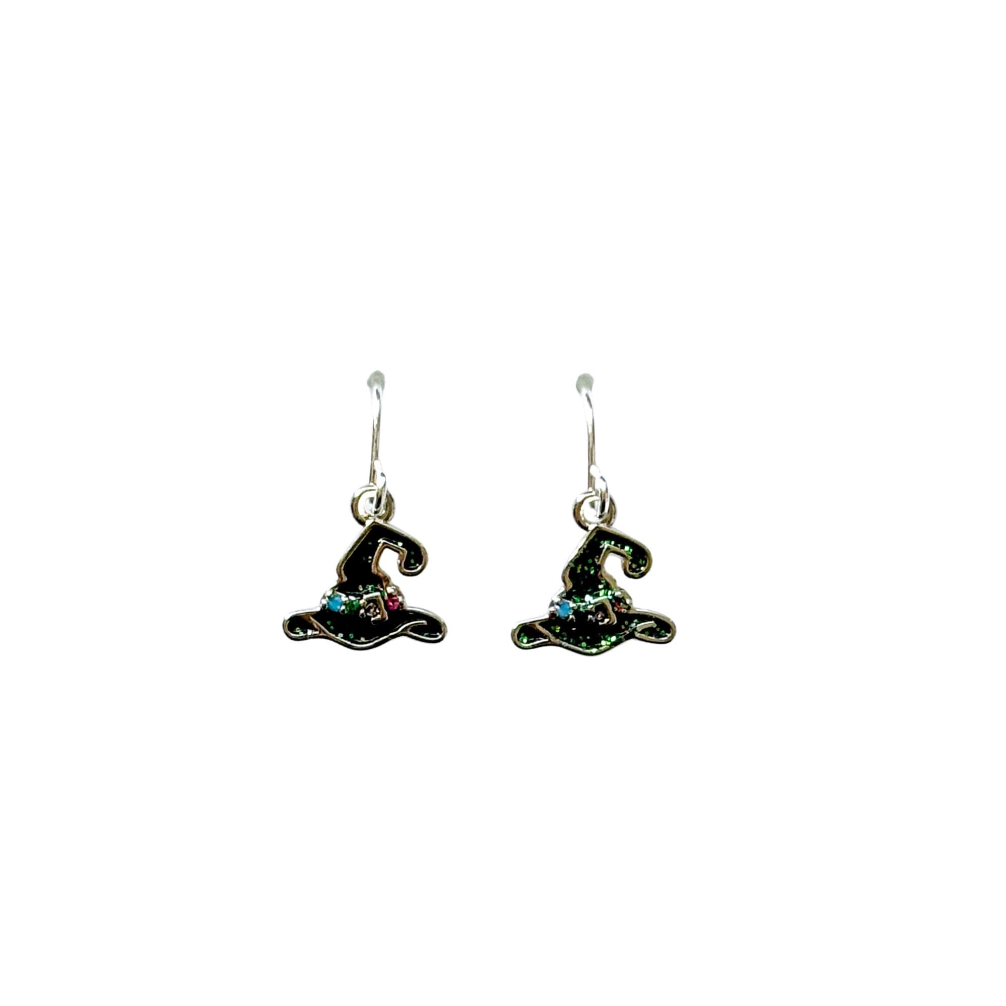 Black Witch Hat Earrings, Glitter Witch Hat Dangles with Multicolour CZ